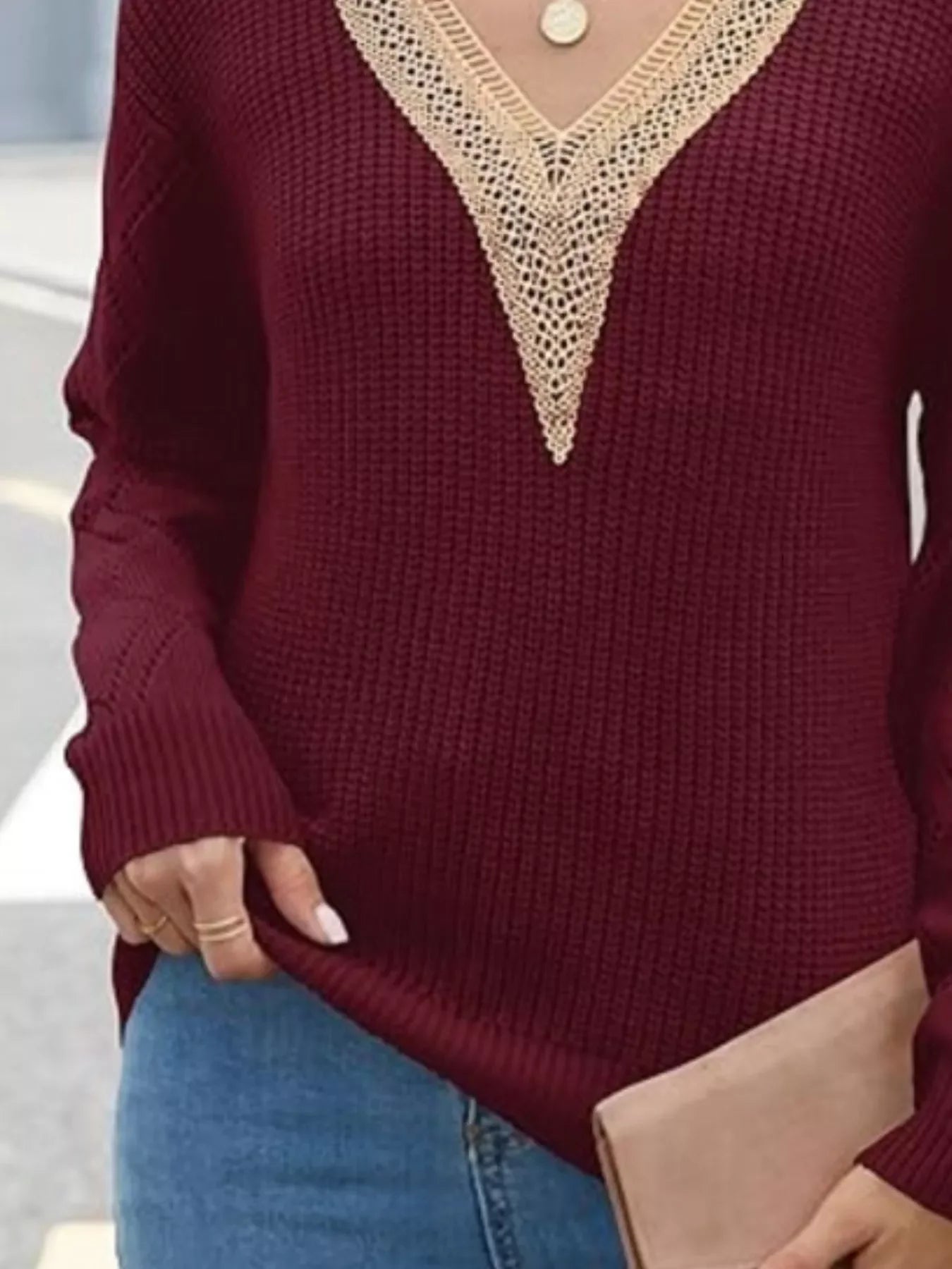 Openwork V-Neck Long Sleeve Sweater With Lace - Southern Shores Clothing