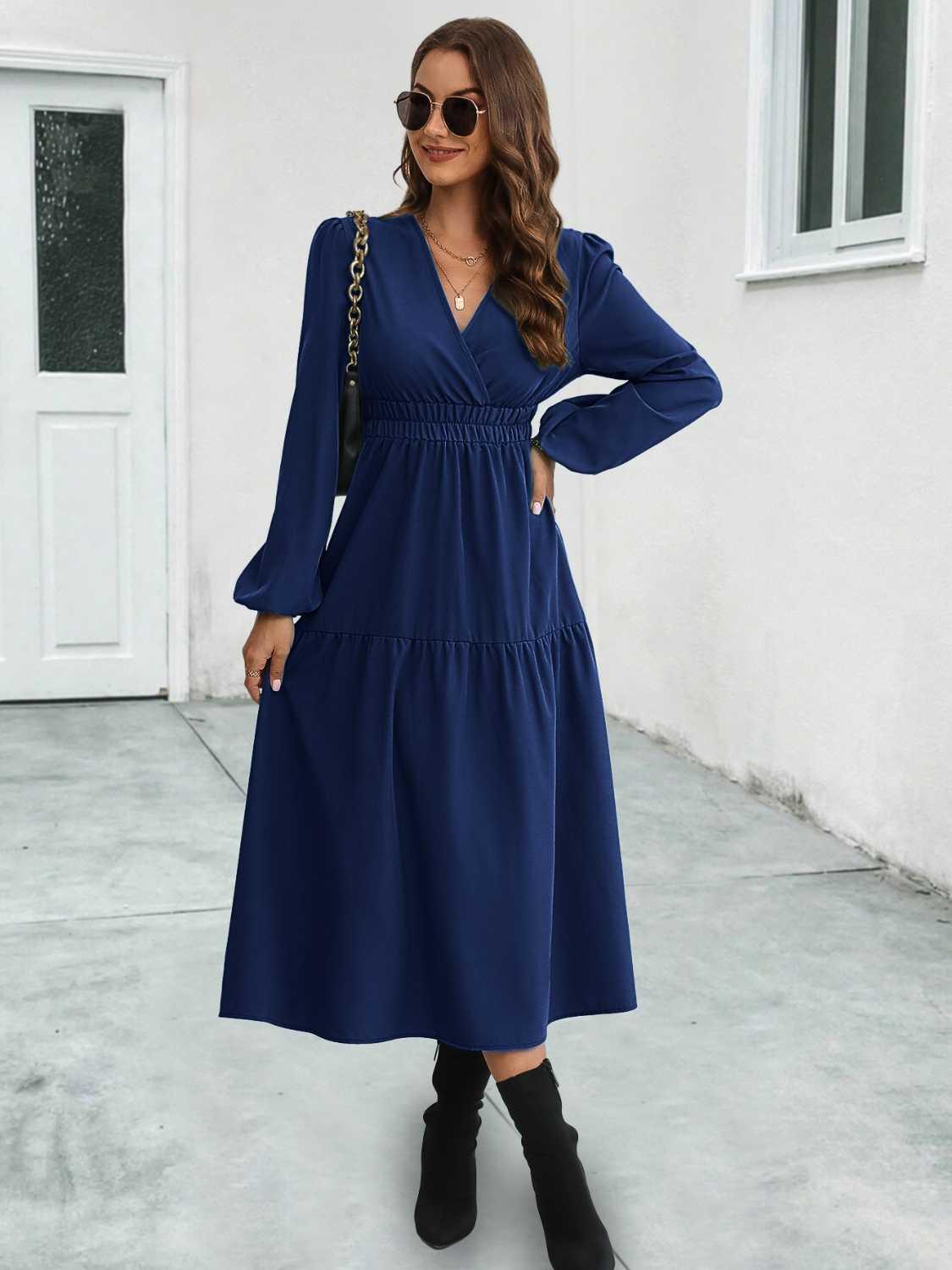 Surplice Neck Long Sleeve Midi Dress Coastal Casual - Southern Shores Clothing