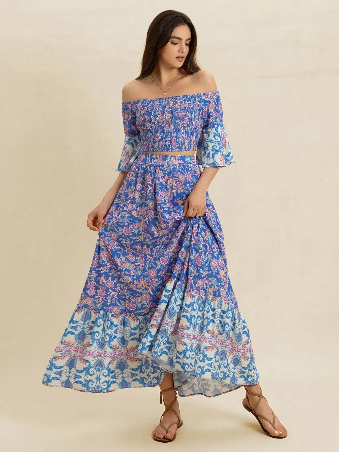 Smocked Off Shoulder Floral Top And Skirt Two Piece Set - Southern Shores Clothing