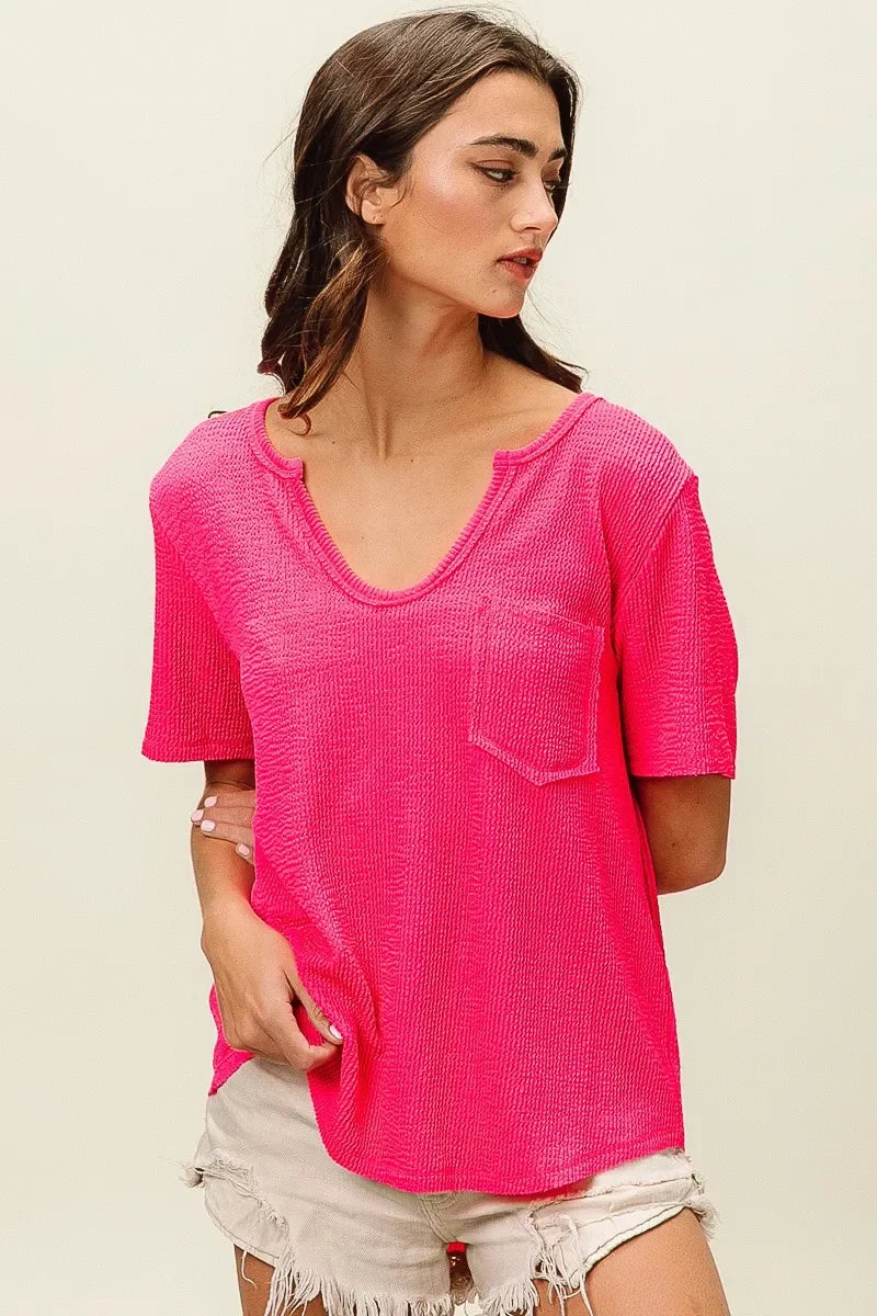 Waved Rib V Neck Top With Front Pocket Relaxed Fit - Southern Shores Clothing