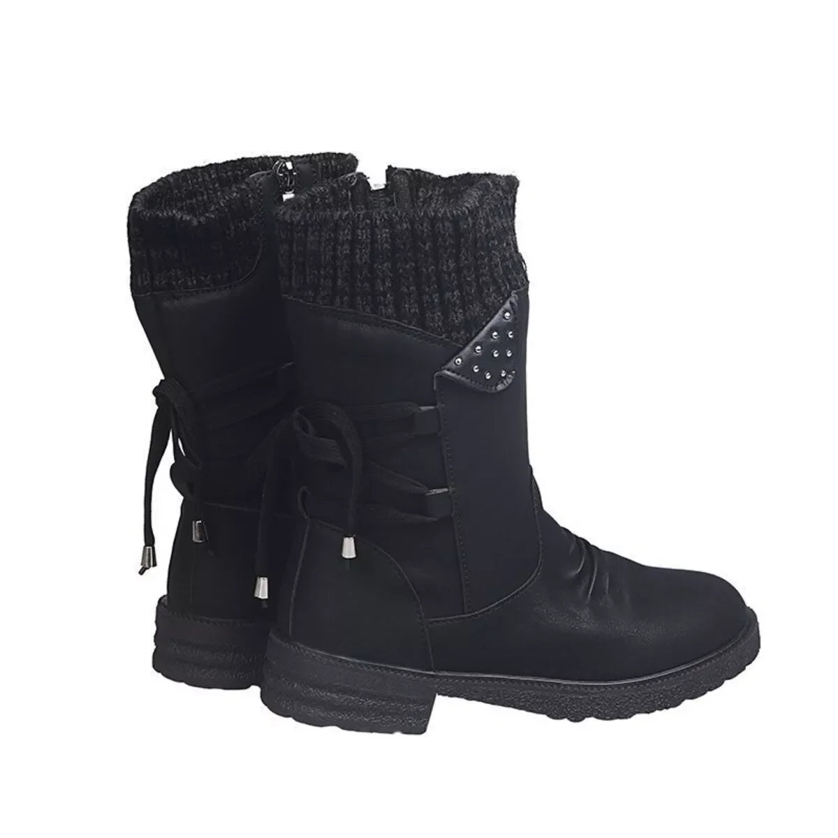 Knitted Cuff Round Toe Boots Suede Rubber Sole