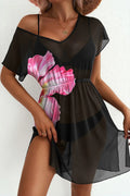 Floral Print V Neck Semi Sheer Cover Up Dress With Flowing Skirt - Southern Shores Clothing