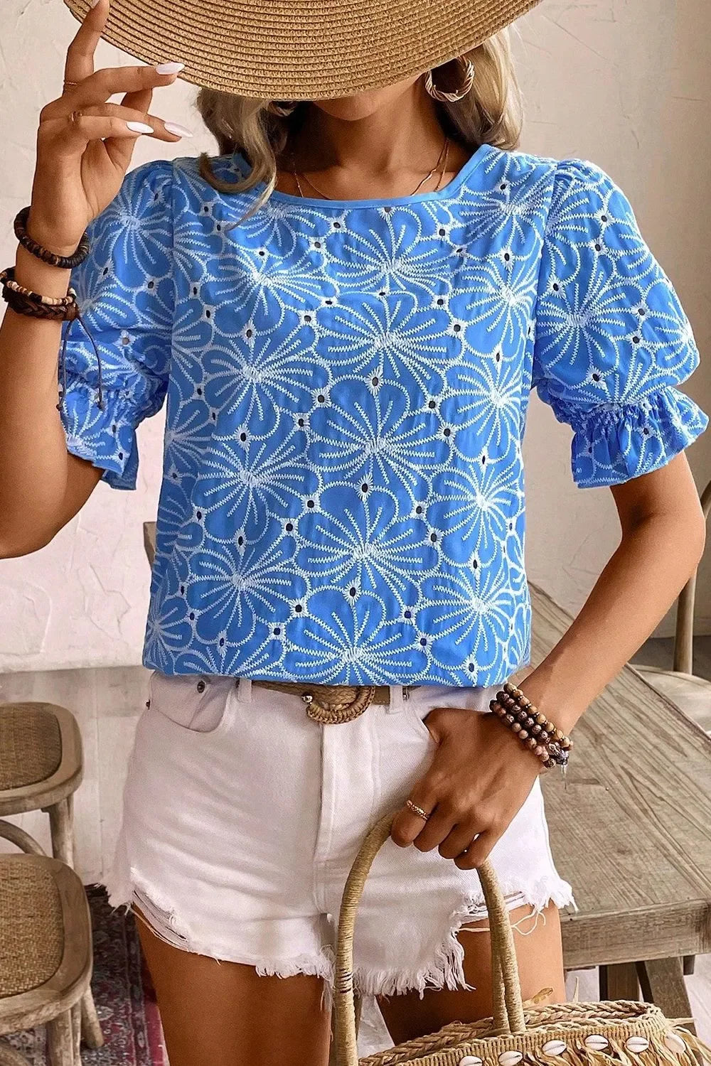 Eyelet Flower Embroidery Flounce Sleeve Blouse - Southern Shores Clothing