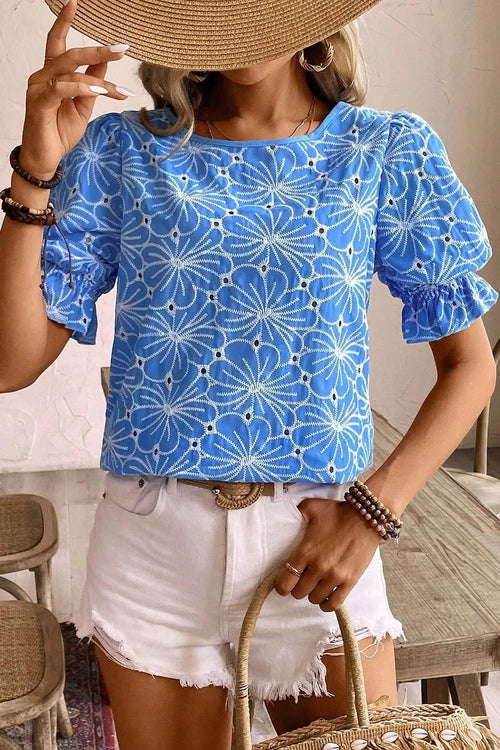 Eyelet Flower Embroidery Flounce Sleeve Blouse - Southern Shores Clothing