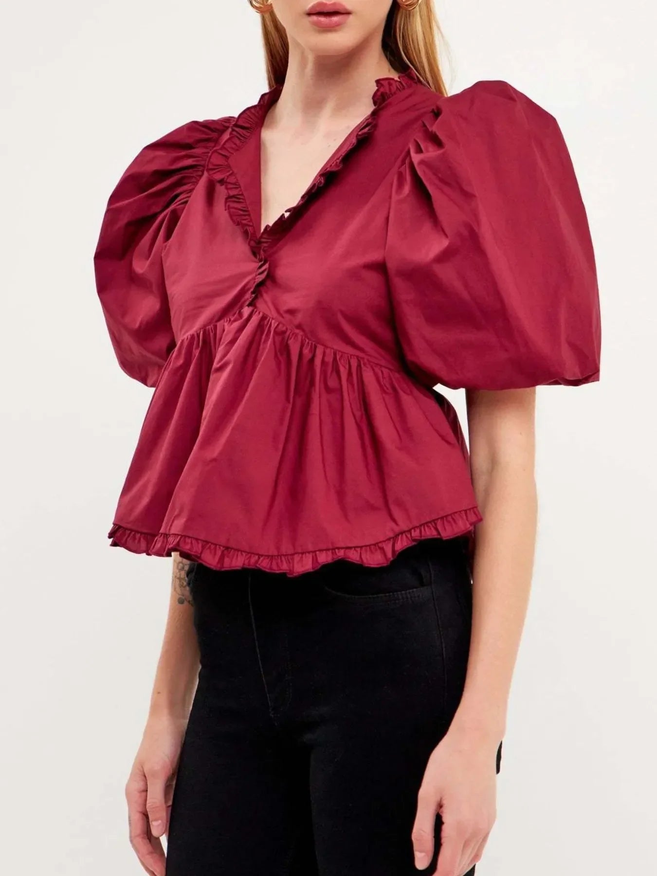 Stylish Southern Shores Clothing Puff Sleeve Peplum Blouse With Ruffles In 100% Polyester Fabric - Southern Shores Clothing