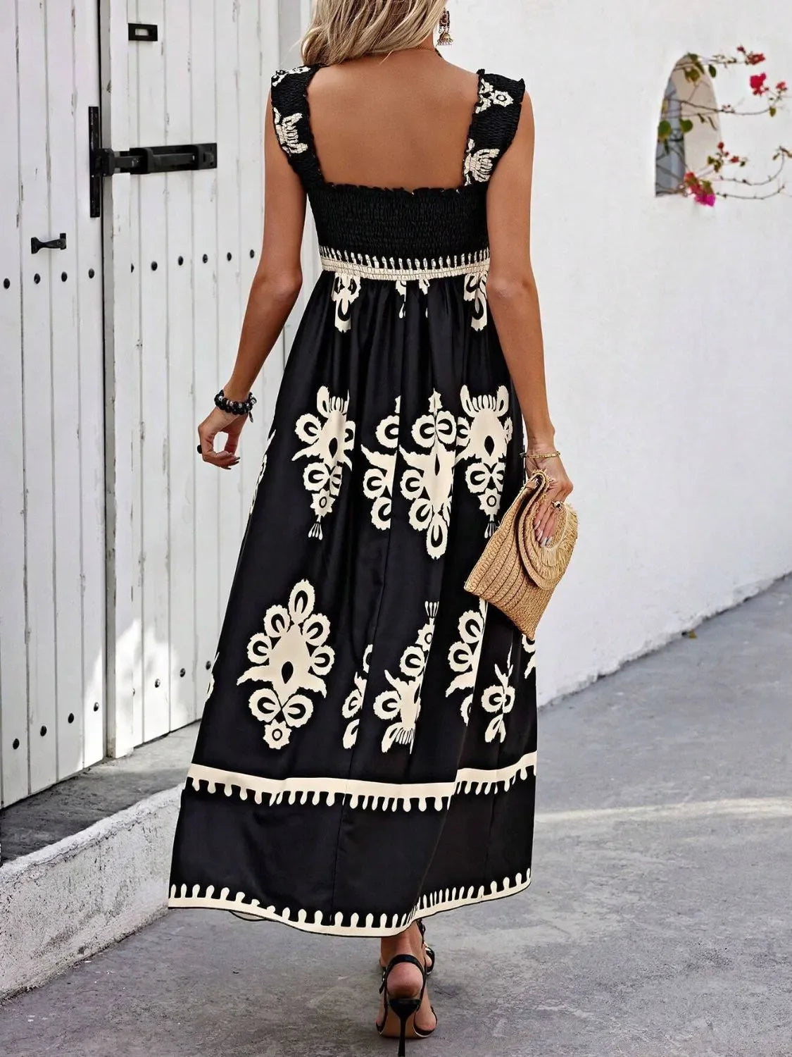 Smocked Printed Maxi Dress With Wide Straps Boho Style Details - Southern Shores Clothing