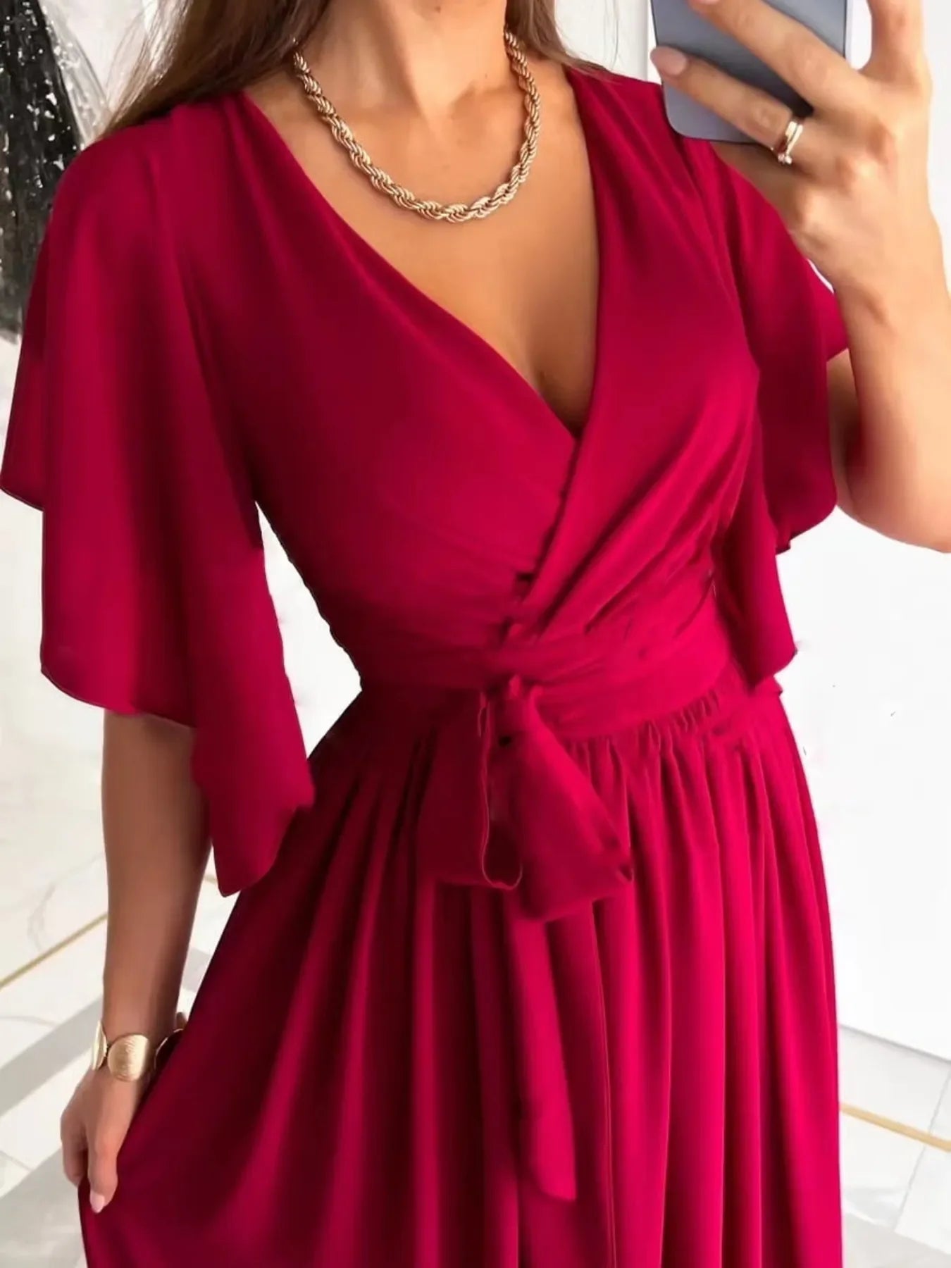 Flutter Sleeve Surplice Tie Waist Dress Silhouette - Southern Shores Clothing