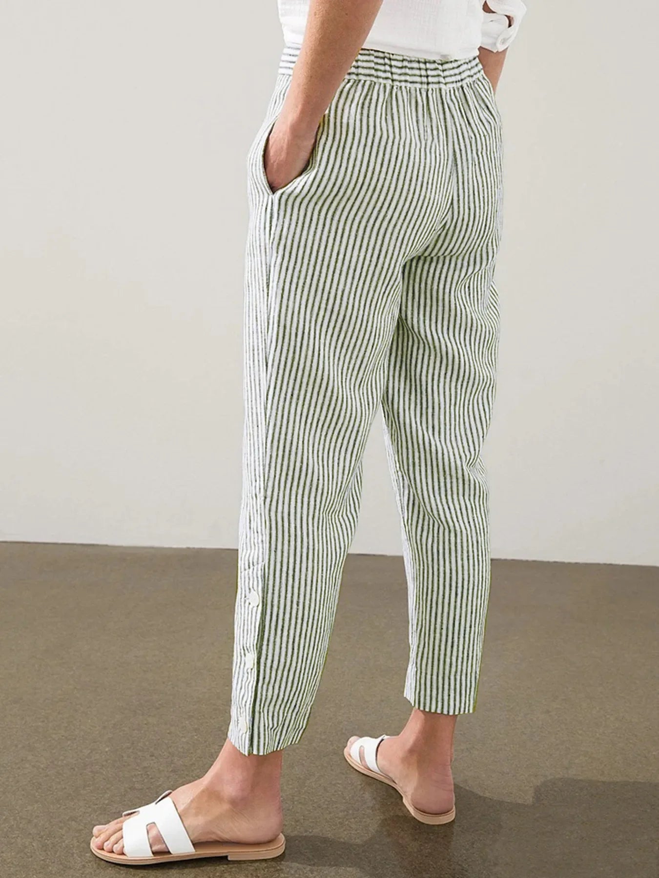 Striped Button Detail Plus Size Pants Coastal Comfort - Southern Shores Clothing