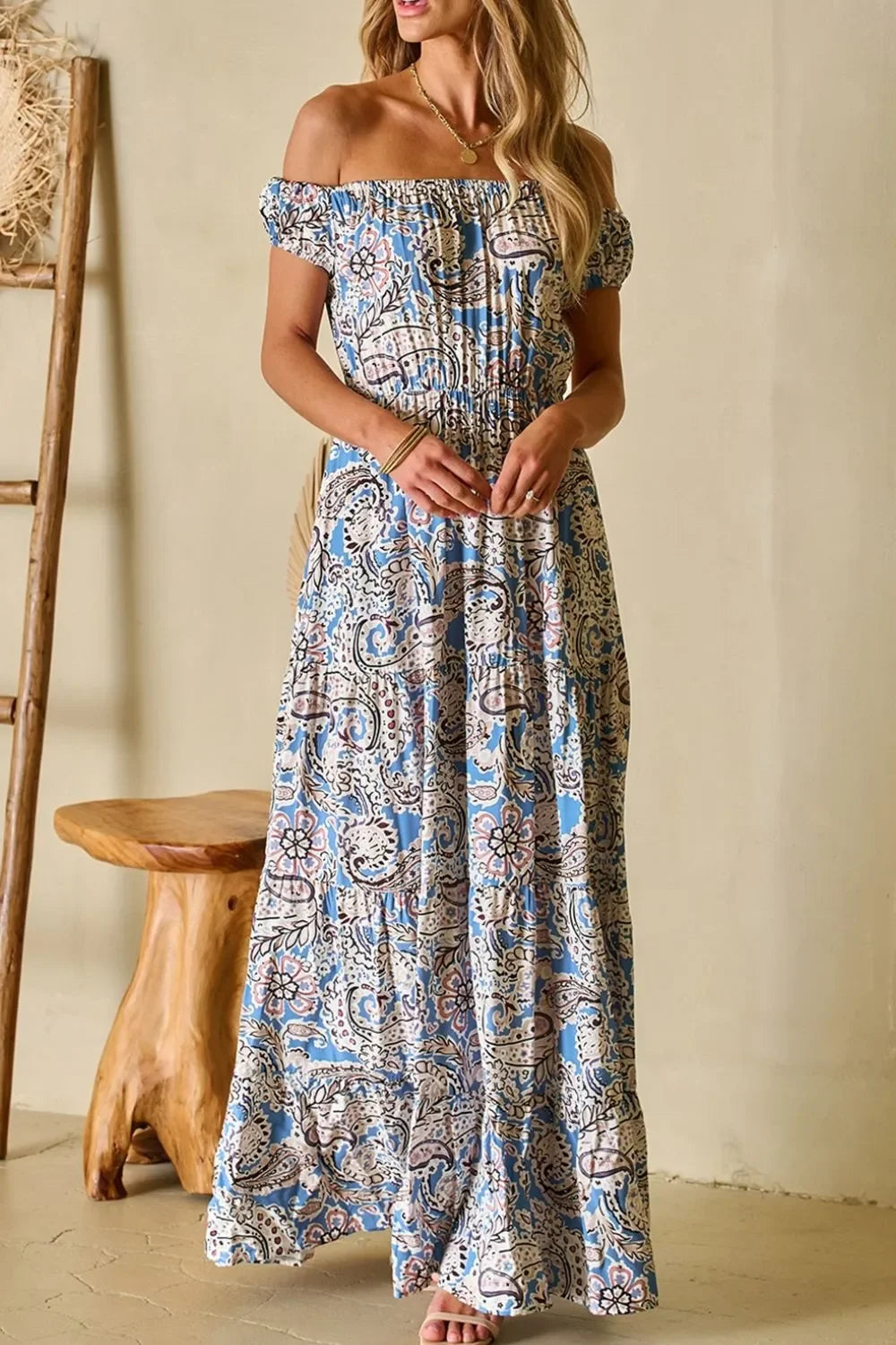Boho Paisley Off Shoulder Maxi Dress With Elastic Waist - Southern Shores Clothing
