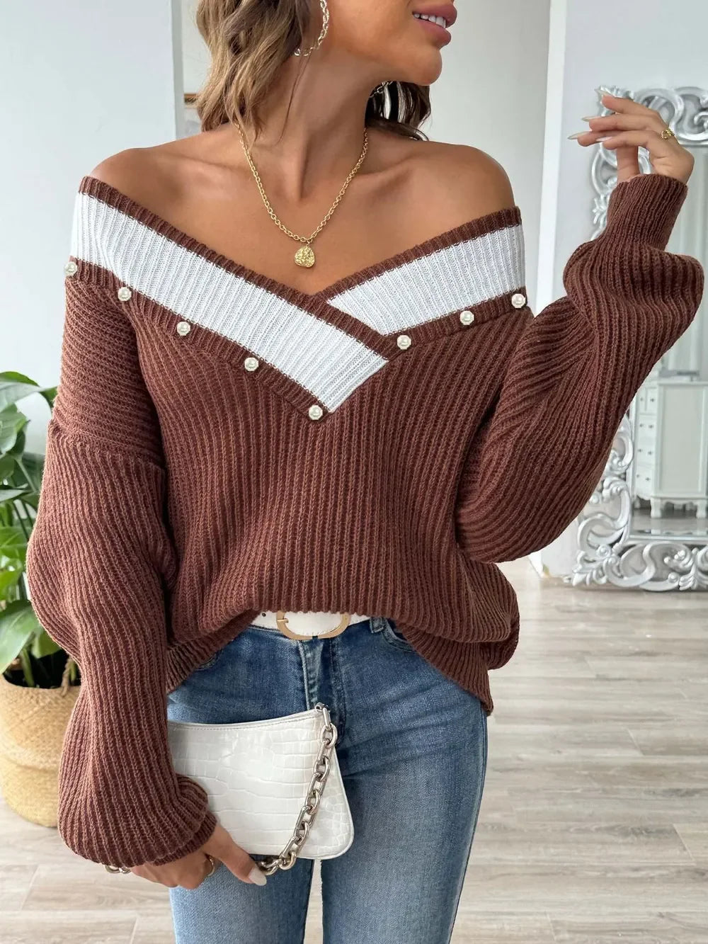Contrast Trim Dropped Shoulder Long Sleeve Sweater - Southern Shores Clothing
