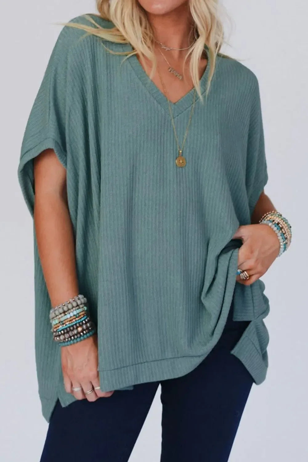 Oversized Ribbed Knit V Neck Dolman Short Sleeve Top - Southern Shores Clothing