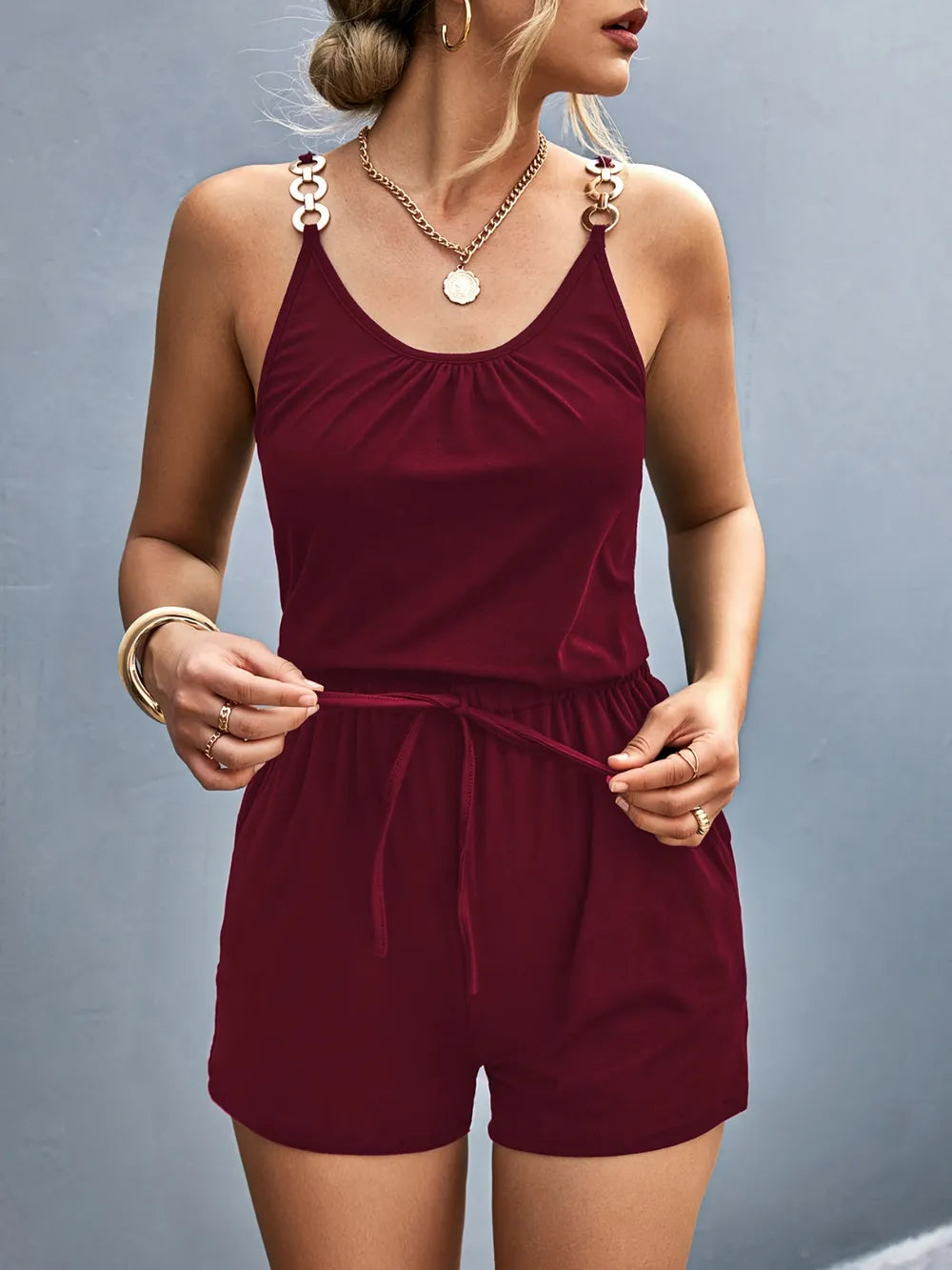 Scoop Neck Romper With Pockets And Stretch