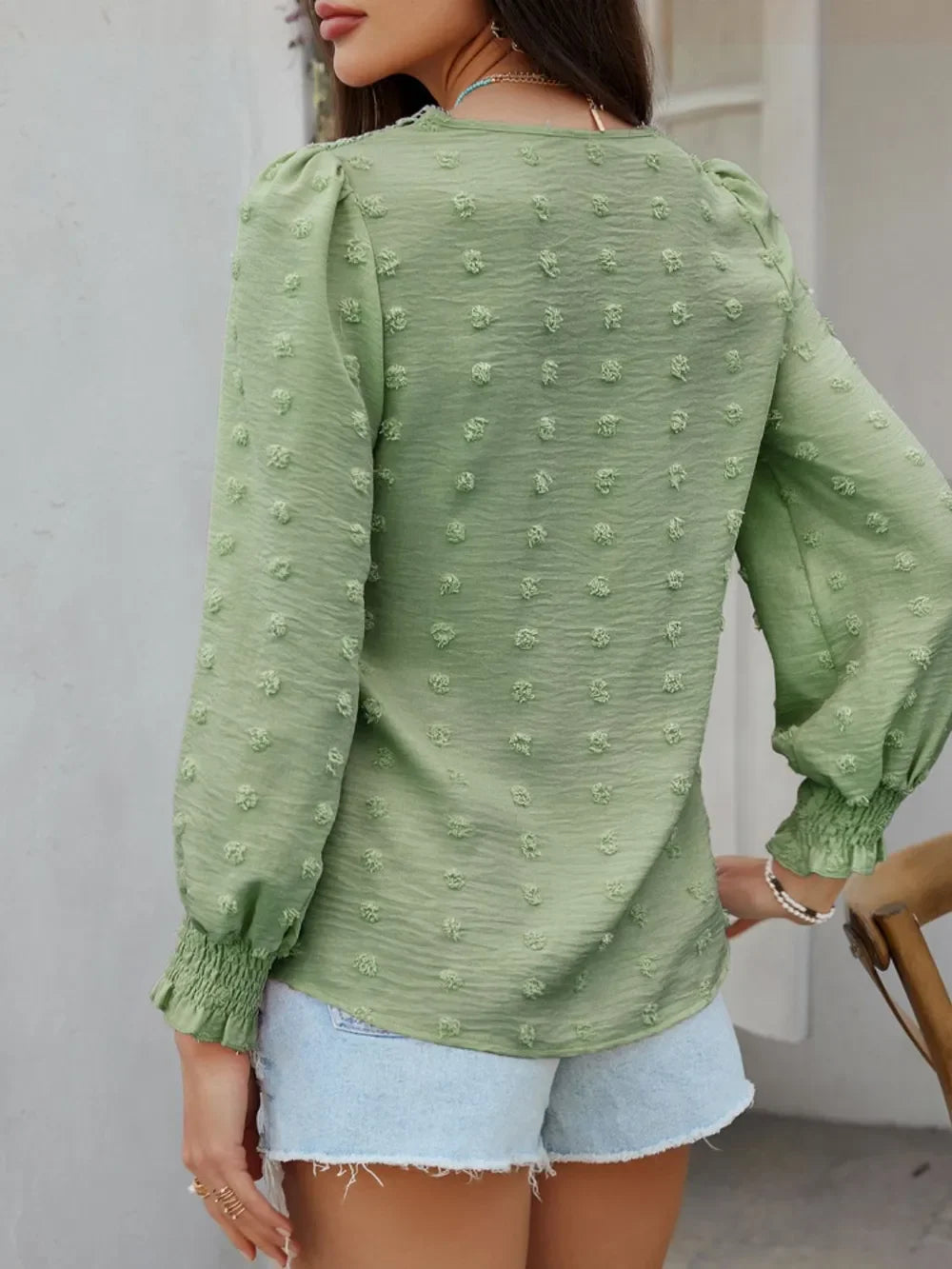 Swiss Dot Lace Detail V-Neck Long Sleeve Blouse - Southern Shores Clothing