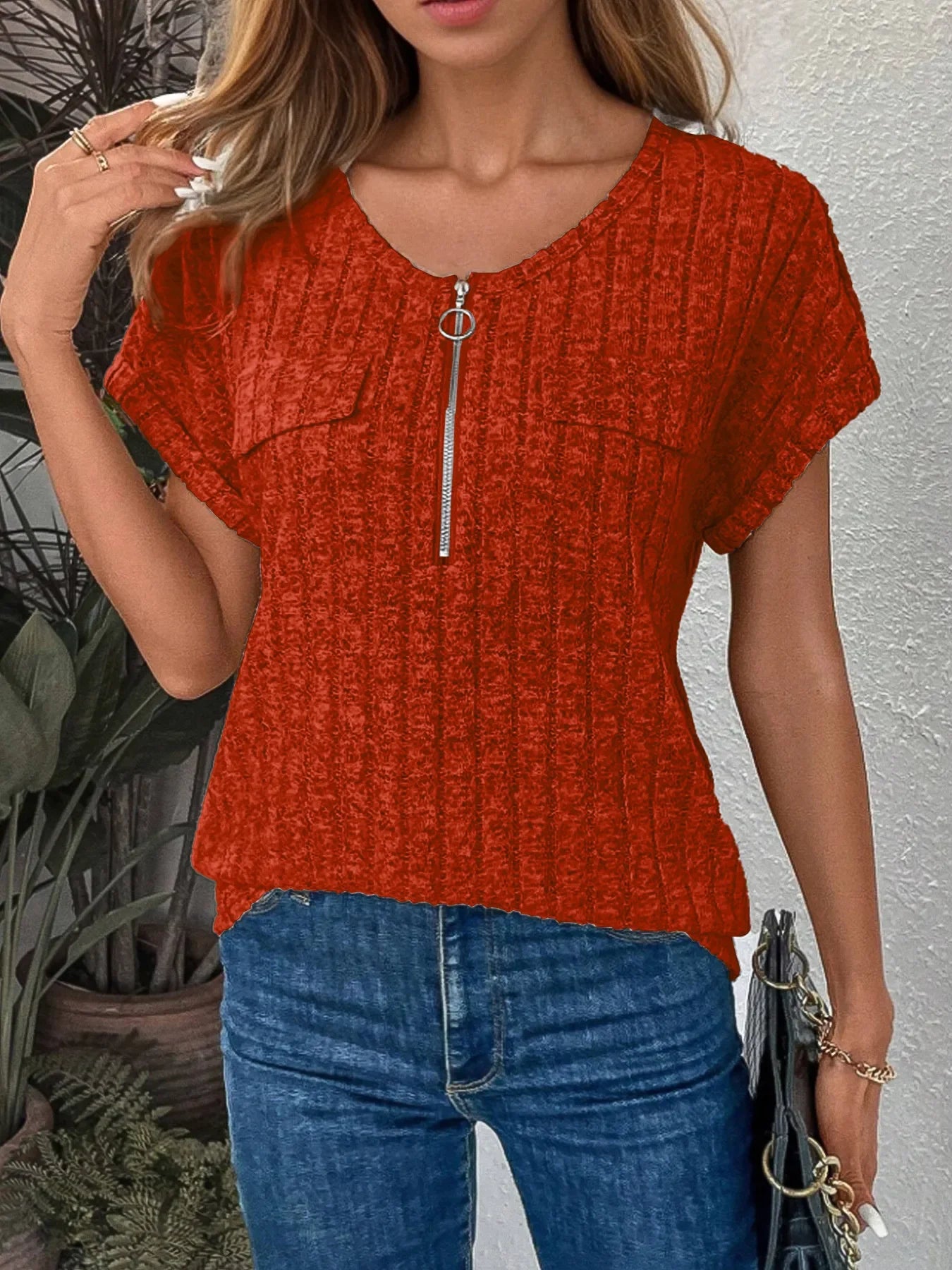 Zip-Front Ribbed Short Sleeve T-Shirt Coastal Style - Southern Shores Clothing