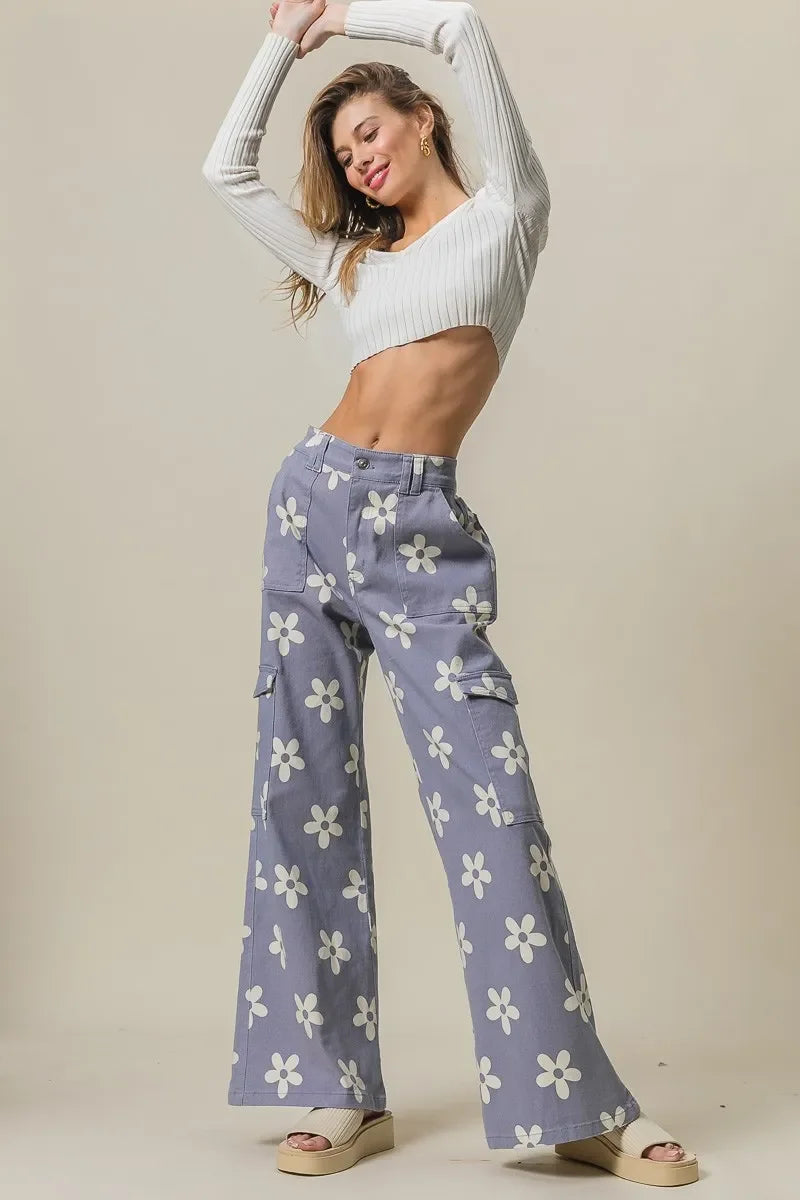 Floral Printed Wide Leg Pants With Pockets - Southern Shores Clothing