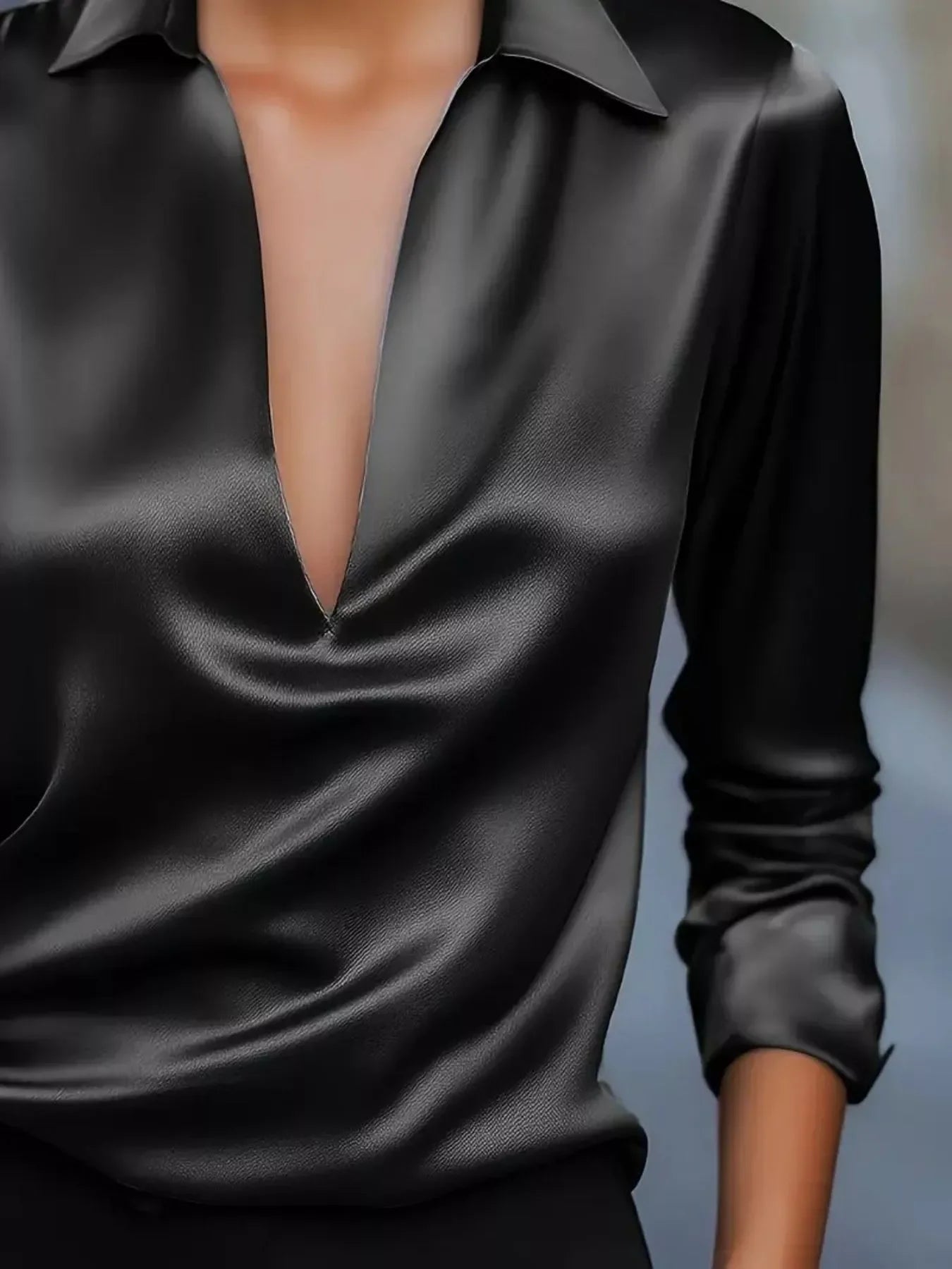Satin Johnny Collar Long Sleeve Blouse Relaxed Fit - Southern Shores Clothing