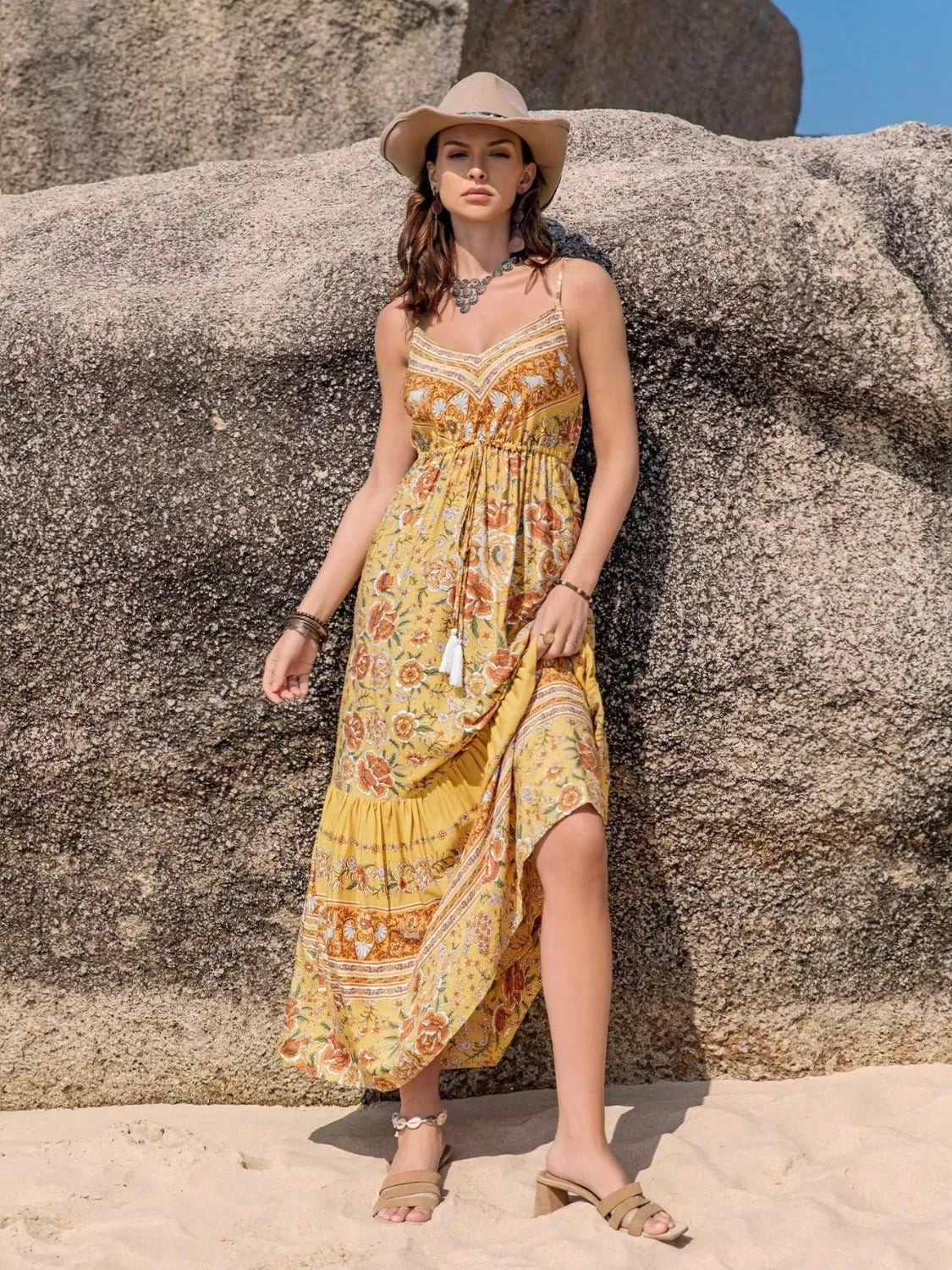 Tassel Printed Tiered Cami Dress Floral Print Boho Style - Southern Shores Clothing