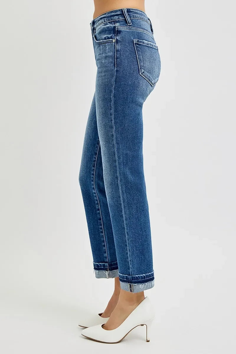 Mid Rise Straight Cuffed Ankle Jeans With Stretch Denim - Southern Shores Clothing