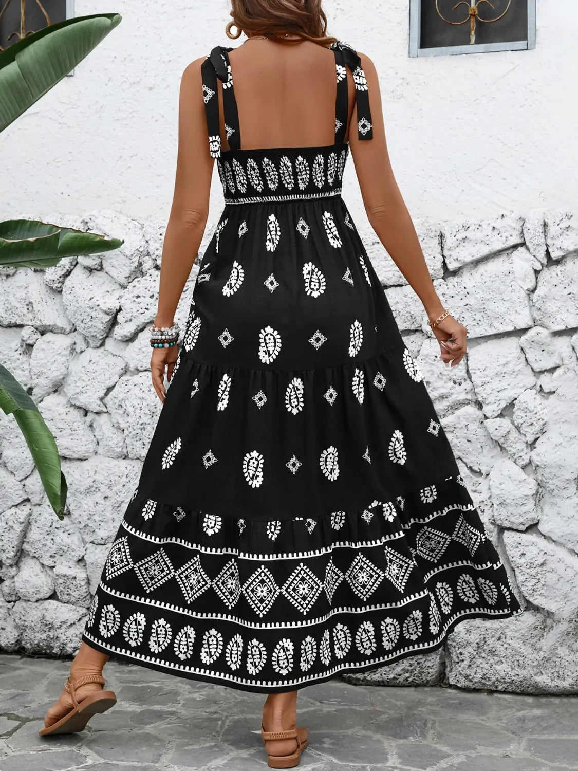 Printed Square Neck Maxi Cami Dress With Tiered Skirt Detail - Southern Shores Clothing