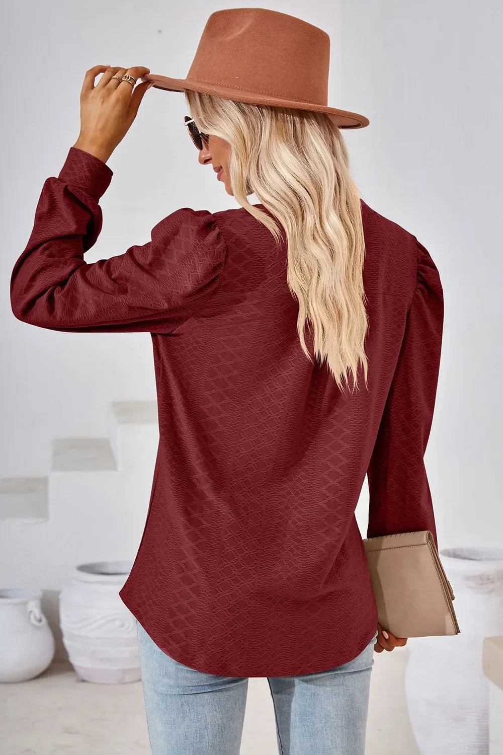Notched Long Sleeve Top With Slightly Stretchy Fit - Southern Shores Clothing