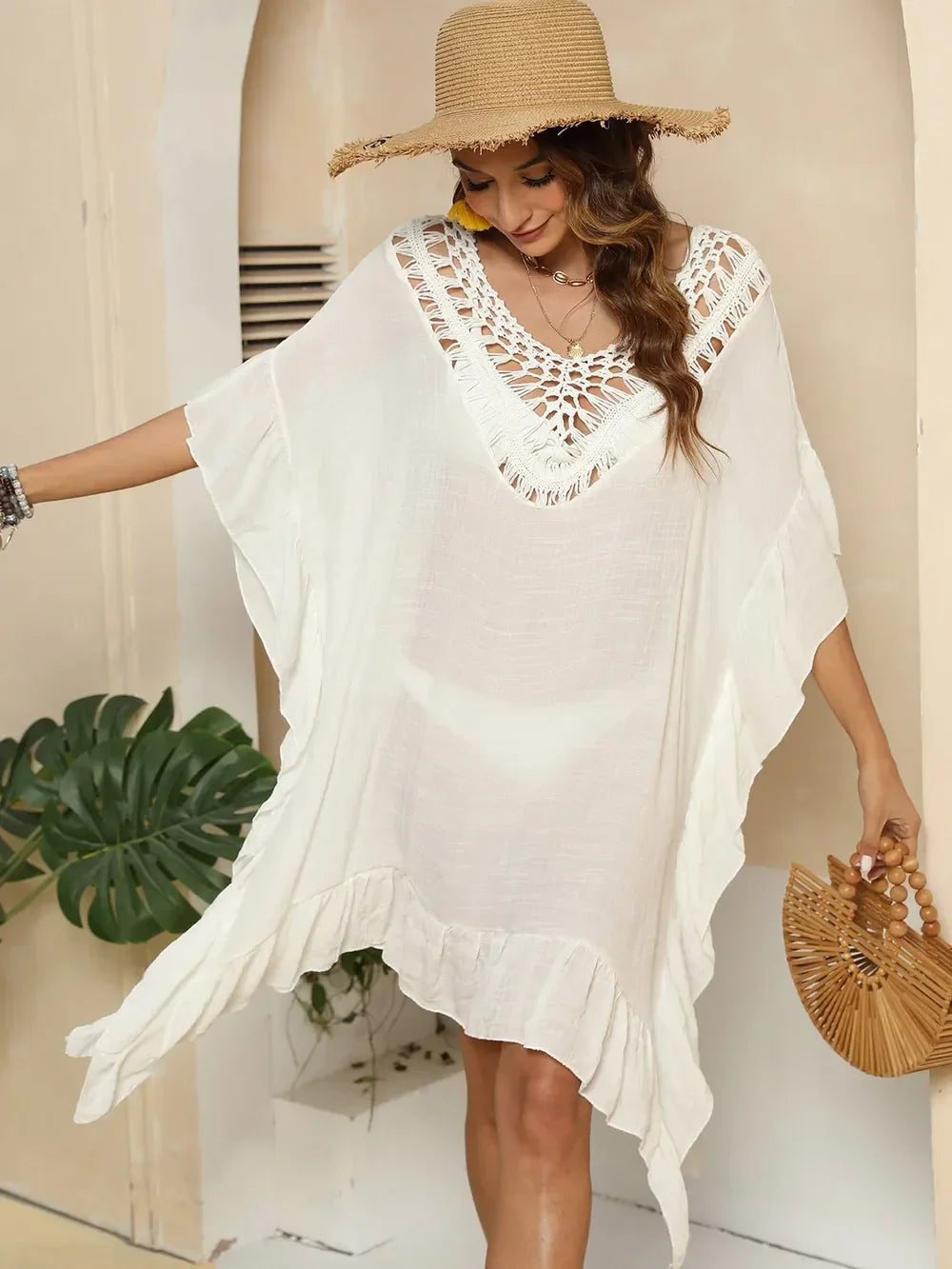 Cutout Ruffled Half Sleeve Cover Up One Size - Southern Shores Clothing