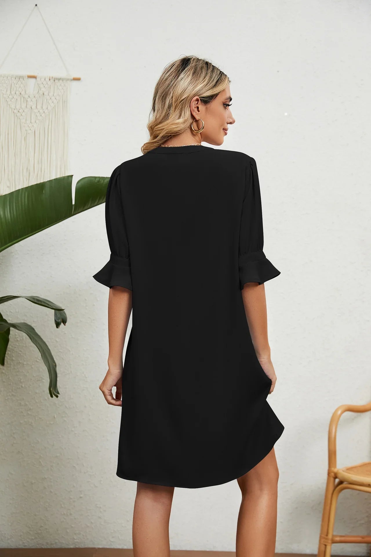 Knee Length Notched Neck Flounce Sleeve Dress - Southern Shores Clothing