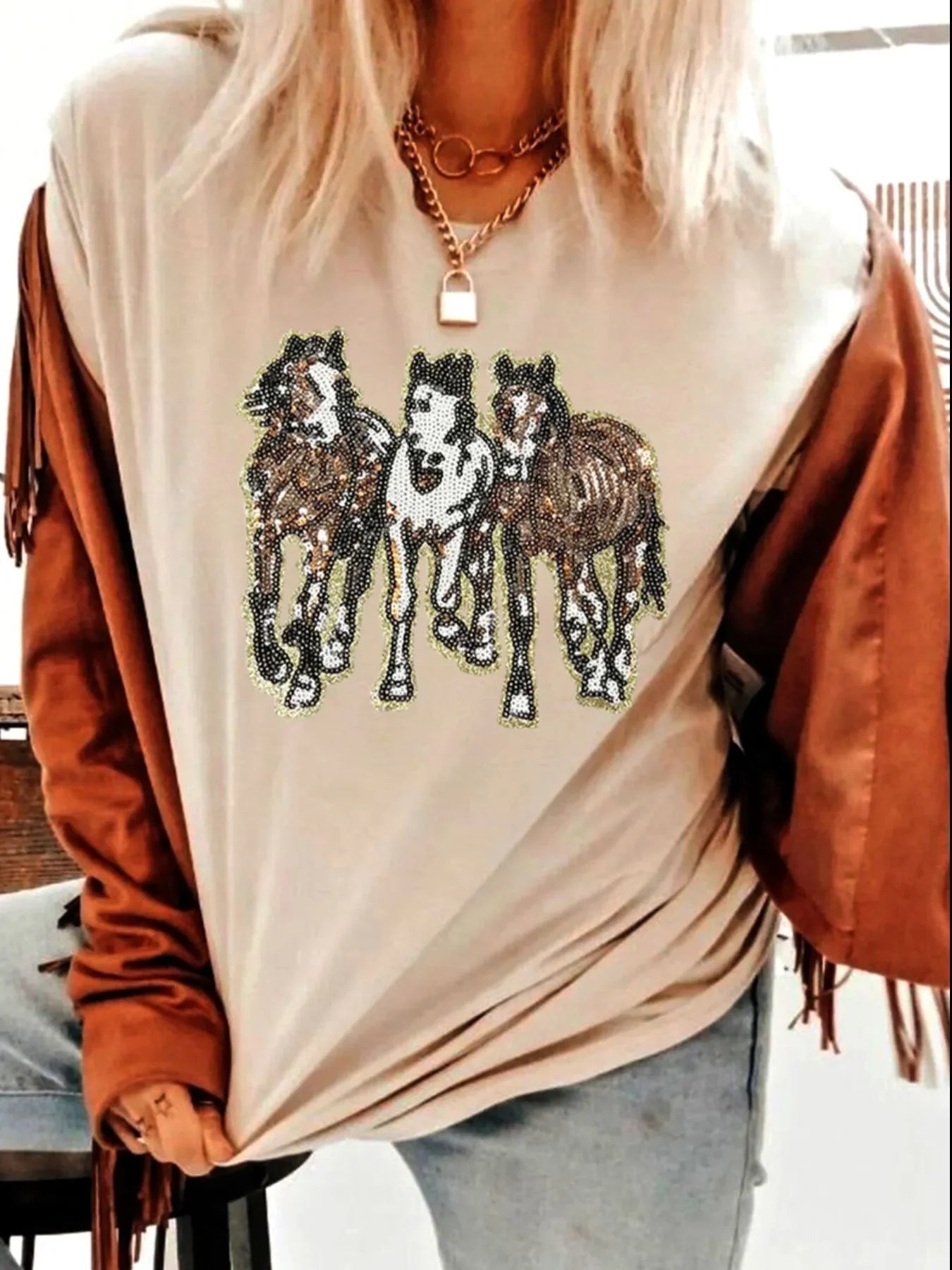 Sequin Horses Patched Casual Crewneck T Shirt With Stretch - Southern Shores Clothing