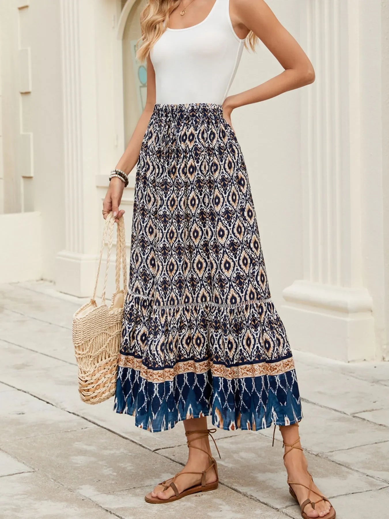 Bohemian Printed Ruched Maxi Skirt Flowing - Southern Shores Clothing