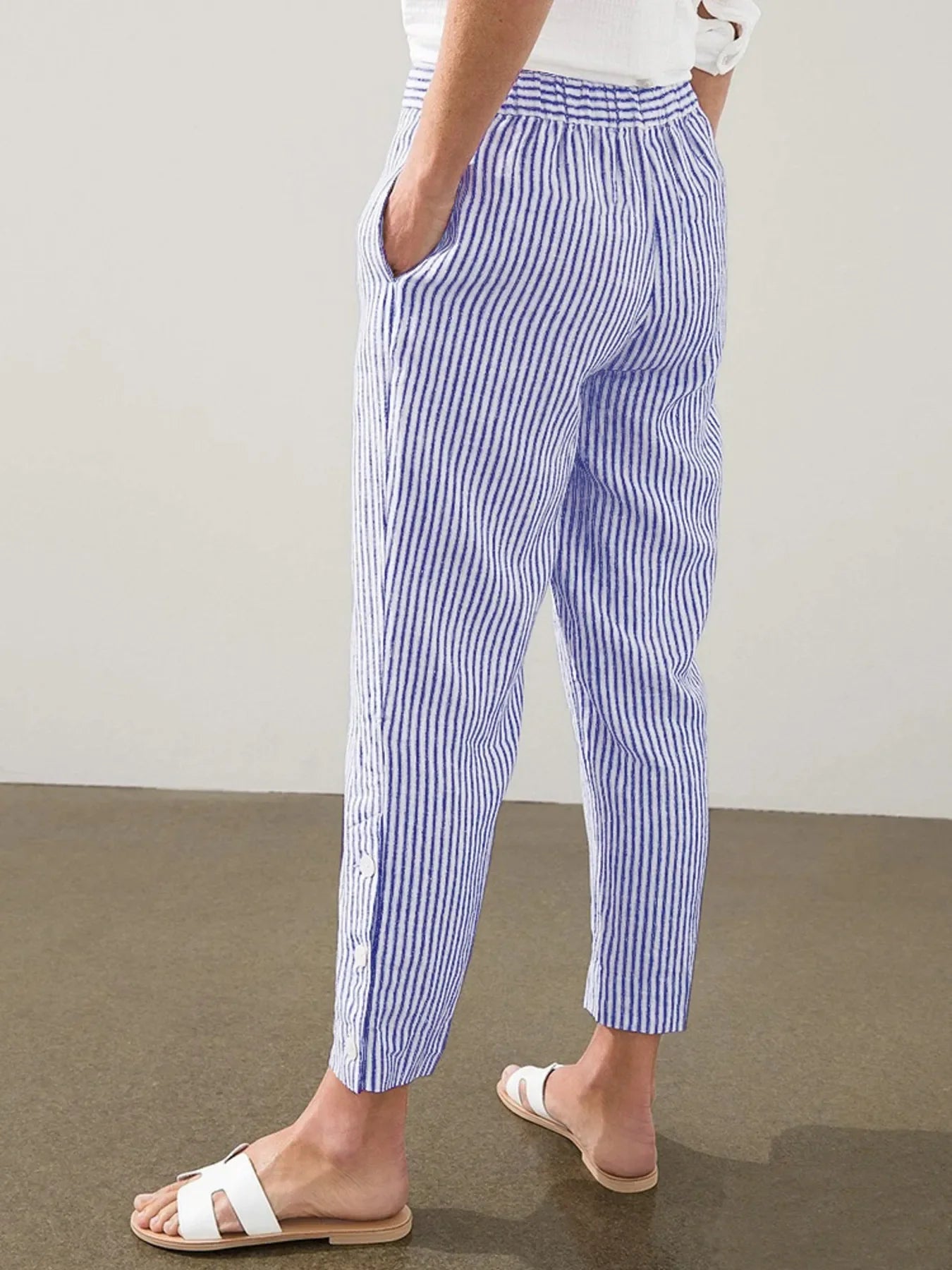Striped Button Detail Plus Size Pants Coastal Comfort - Southern Shores Clothing