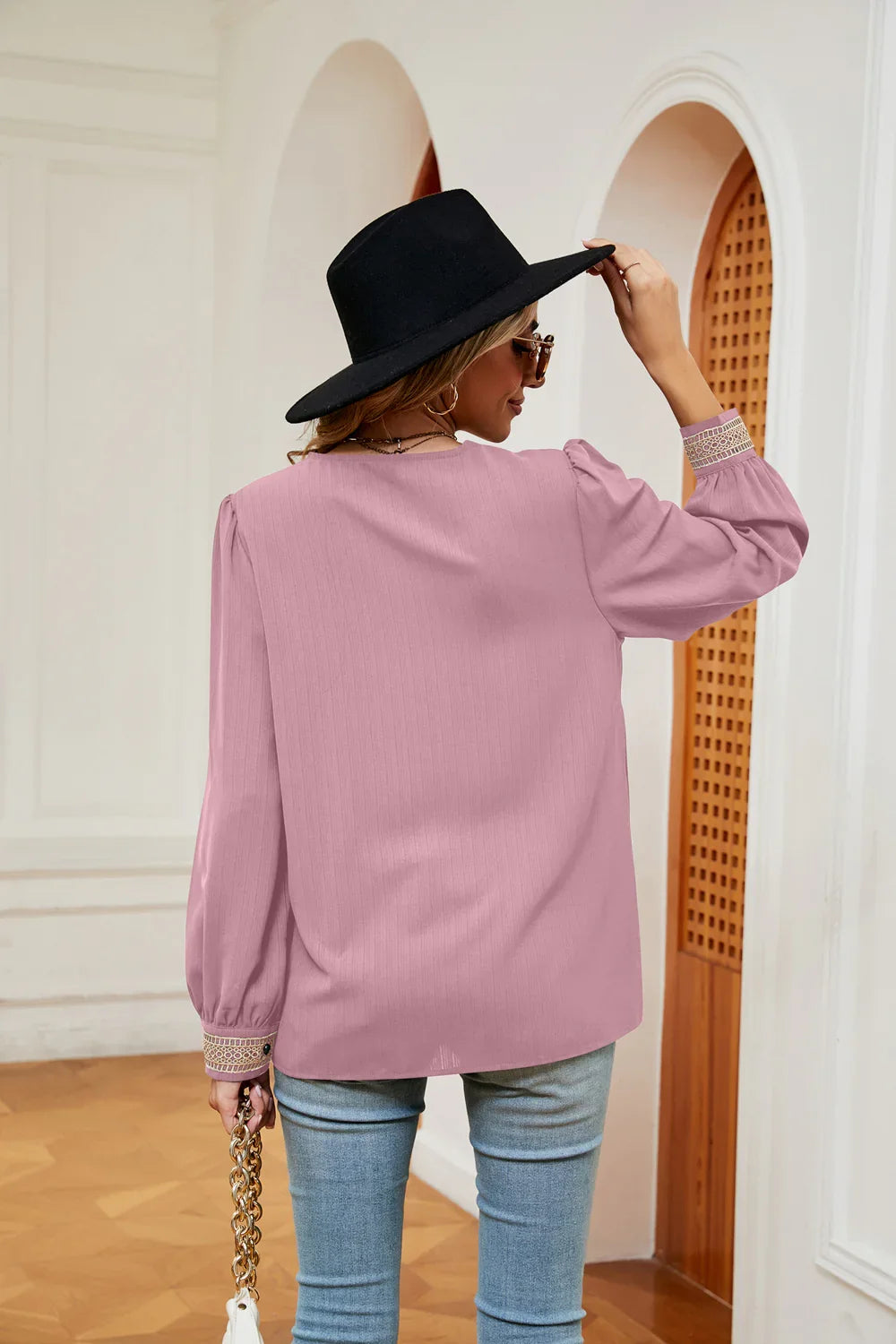Contrast Puff Sleeve Blouse With Polyester Fabric - Southern Shores Clothing