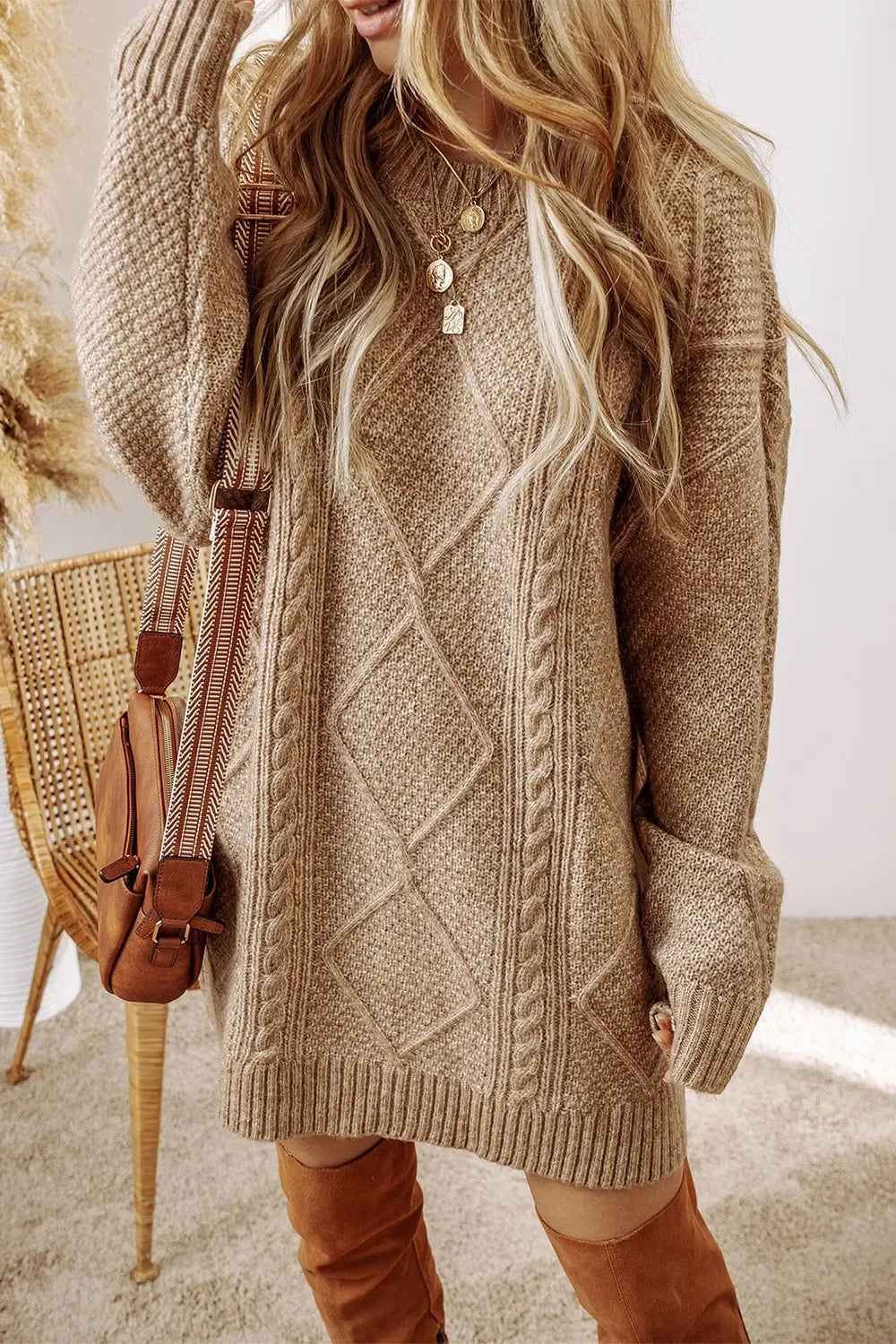 Casual Cable-Knit Round Neck Sweater Dress - Southern Shores Clothing
