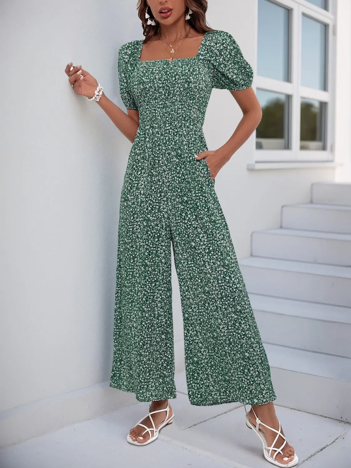 Printed Square Neck Puff Sleeve Jumpsuit - Southern Shores Clothing