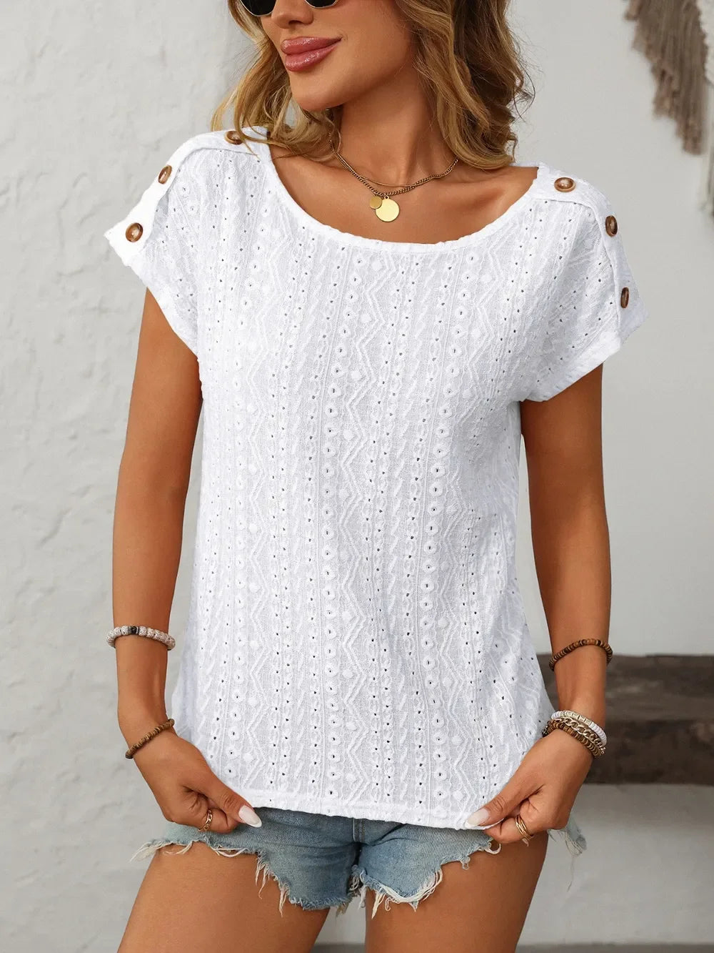 Eyelet Round Neck Short Sleeve Top With Decorative Button - Southern Shores Clothing