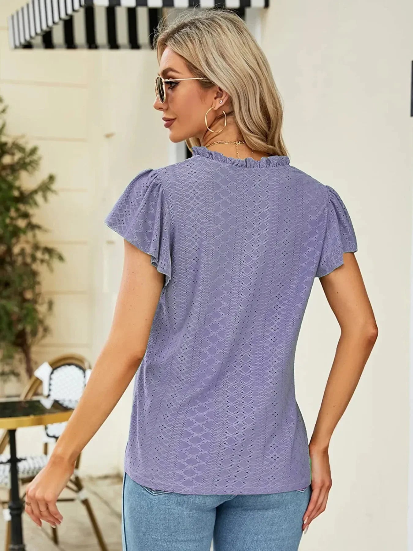 Eyelet Notched Short Sleeve T Shirt With Frills Stretchy - Southern Shores Clothing