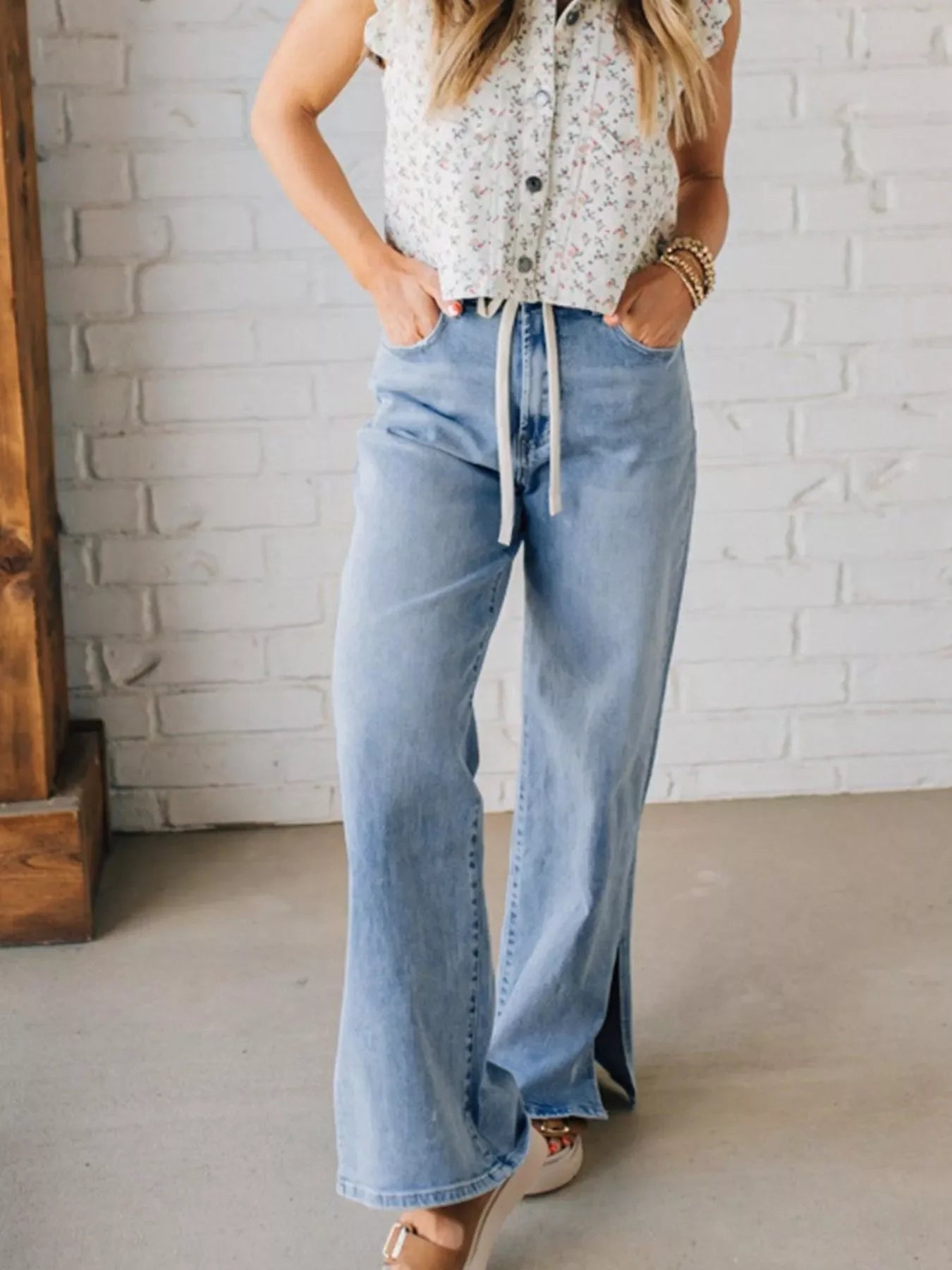 Coastal Wide Leg Slit Denim Jeans With Adjustable Drawstring - Southern Shores Clothing