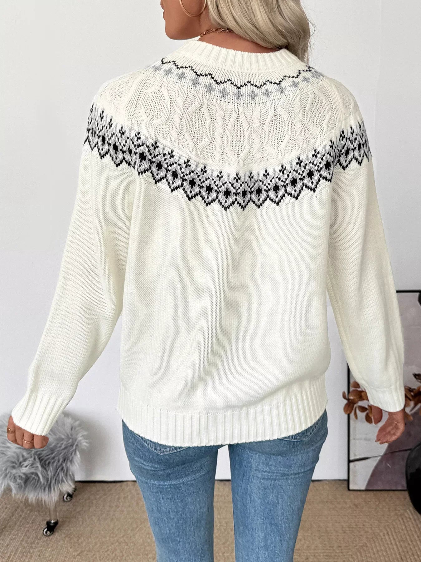 Fair Isle Round Neck Sweater With Stretch - Southern Shores Clothing