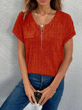 Zip-Front Ribbed Short Sleeve T-Shirt Coastal Style - Southern Shores Clothing