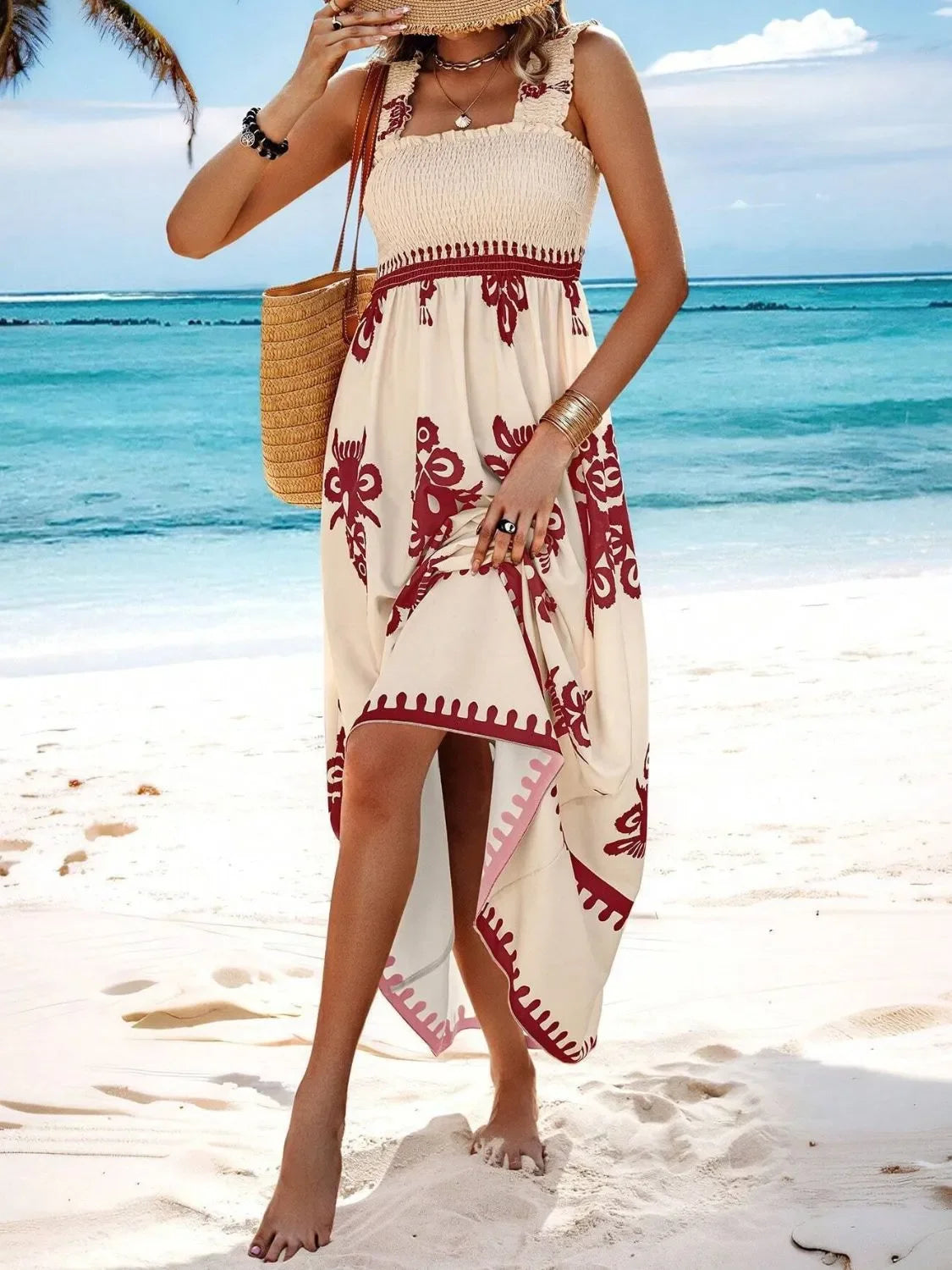 Smocked Printed Maxi Dress With Wide Straps Boho Style Details - Southern Shores Clothing