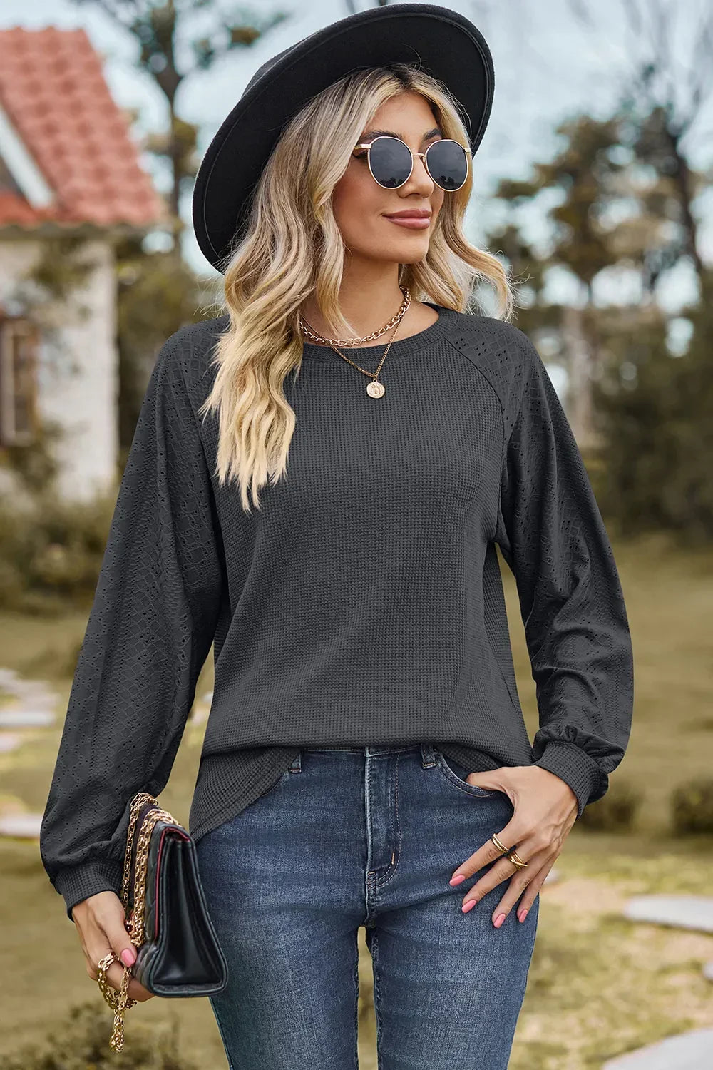 Eyelet Round Neck Long Sleeve T-Shirt - Southern Shores Clothing