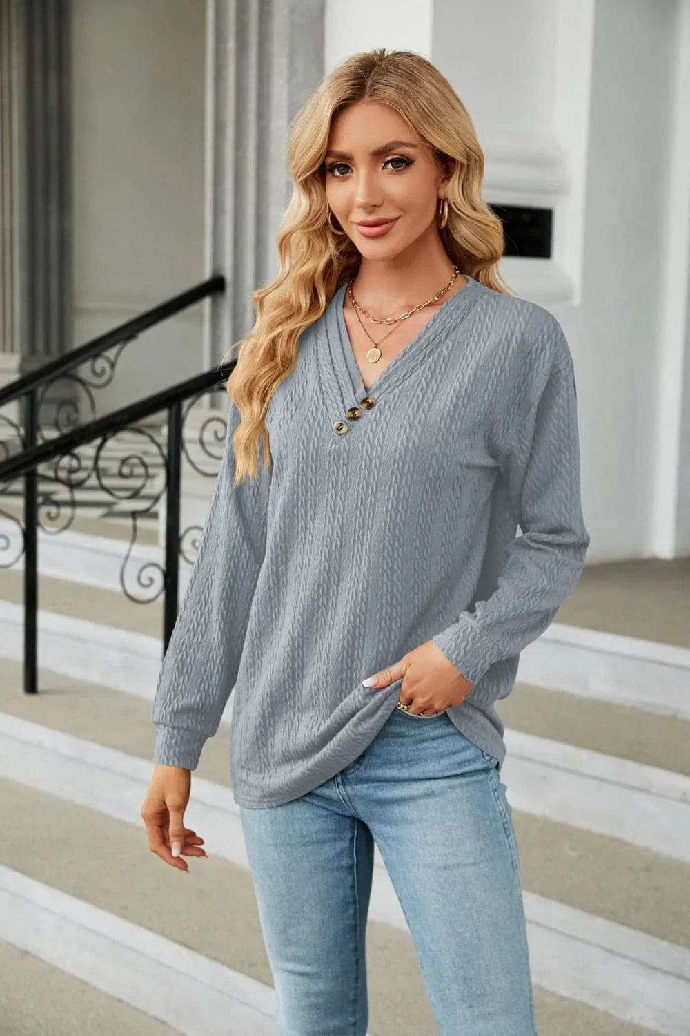 Decorative Button V-Neck Long Sleeve T-Shirt - Southern Shores Clothing