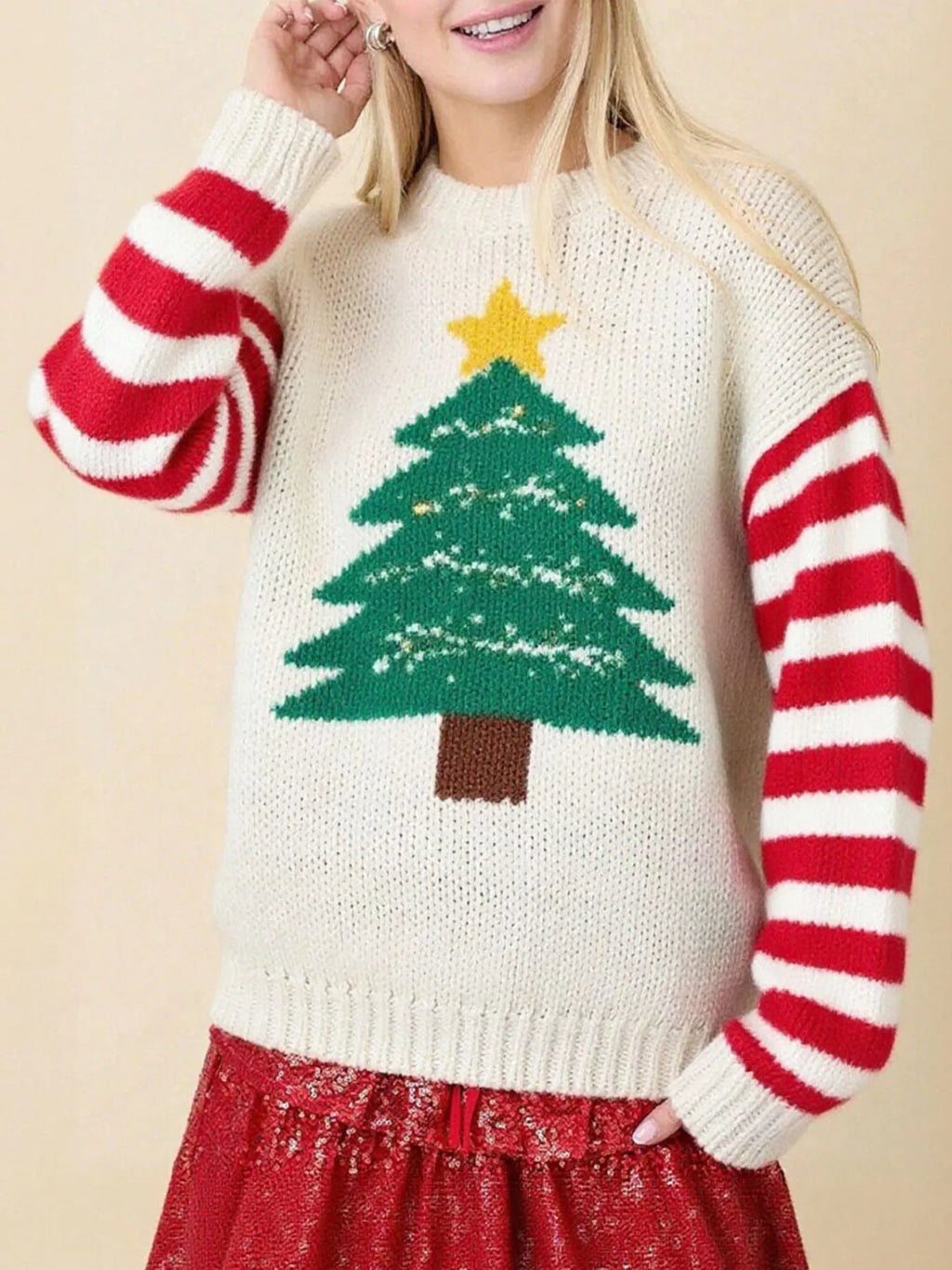 Southern Shores Christmas Tree Round Neck Sweater for Women