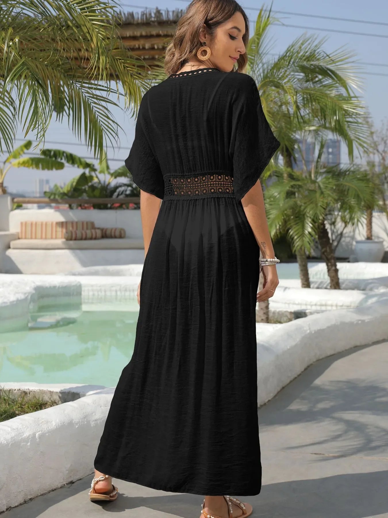 Lace Trim Plunging Neckline Beach Cover Up Maxi Dress - Southern Shores Clothing