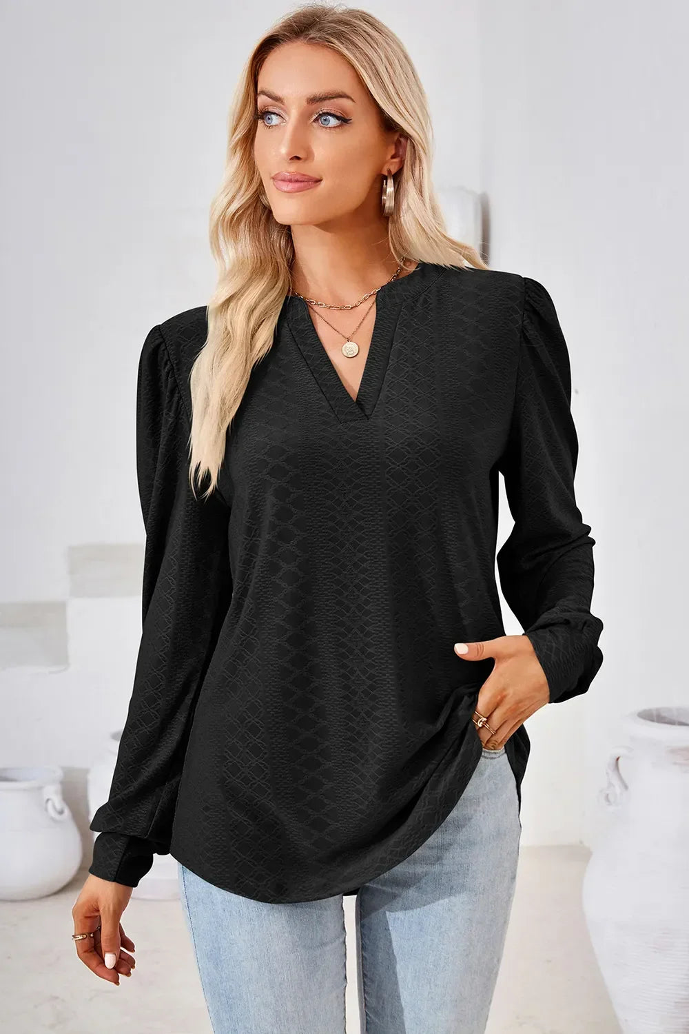 Notched Long Sleeve Top With Slightly Stretchy Fit - Southern Shores Clothing