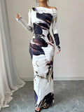 Floral One Shoulder Long Sleeve Maxi Dress - Southern Shores Clothing