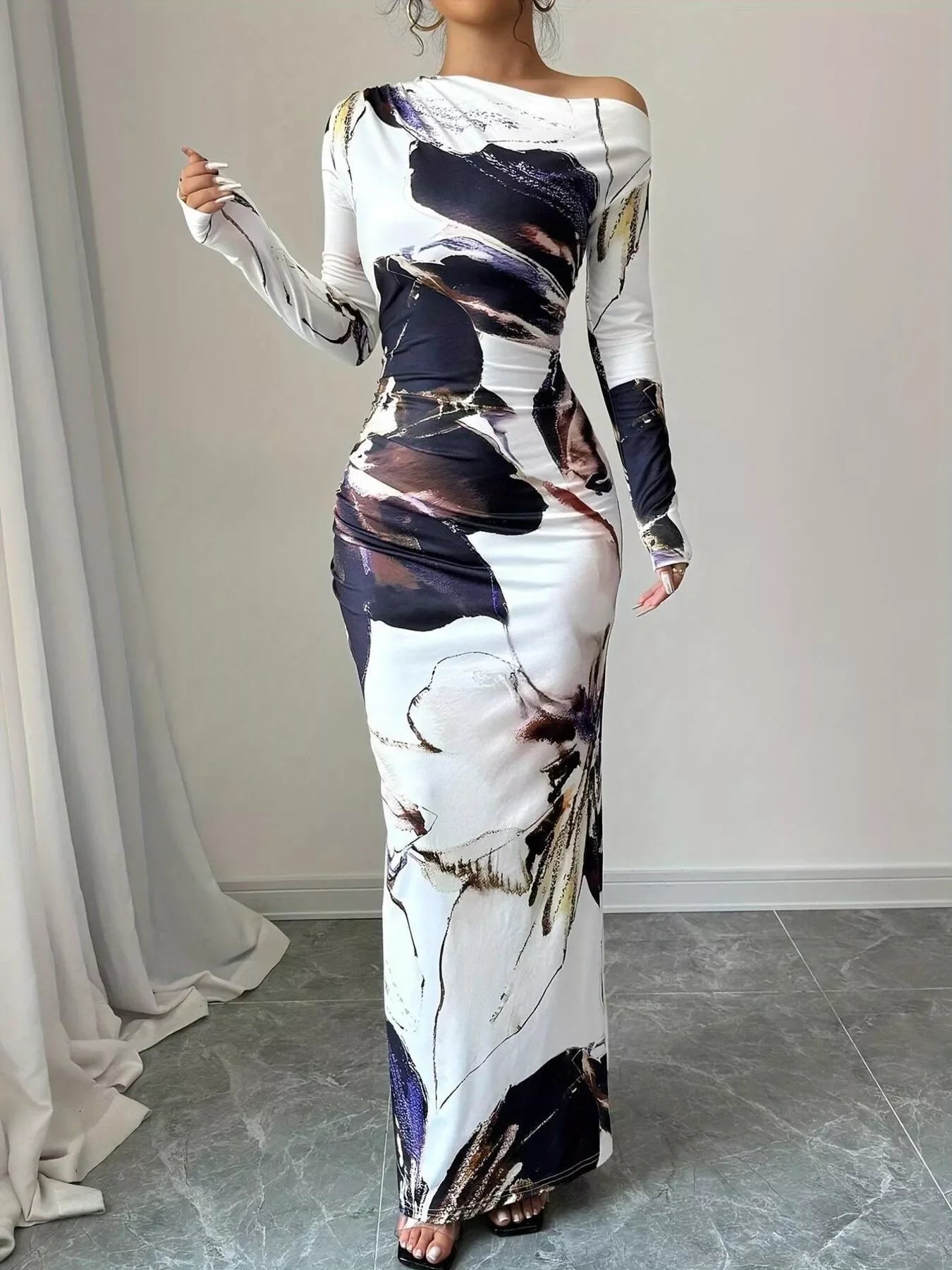 Floral One Shoulder Long Sleeve Maxi Dress - Southern Shores Clothing