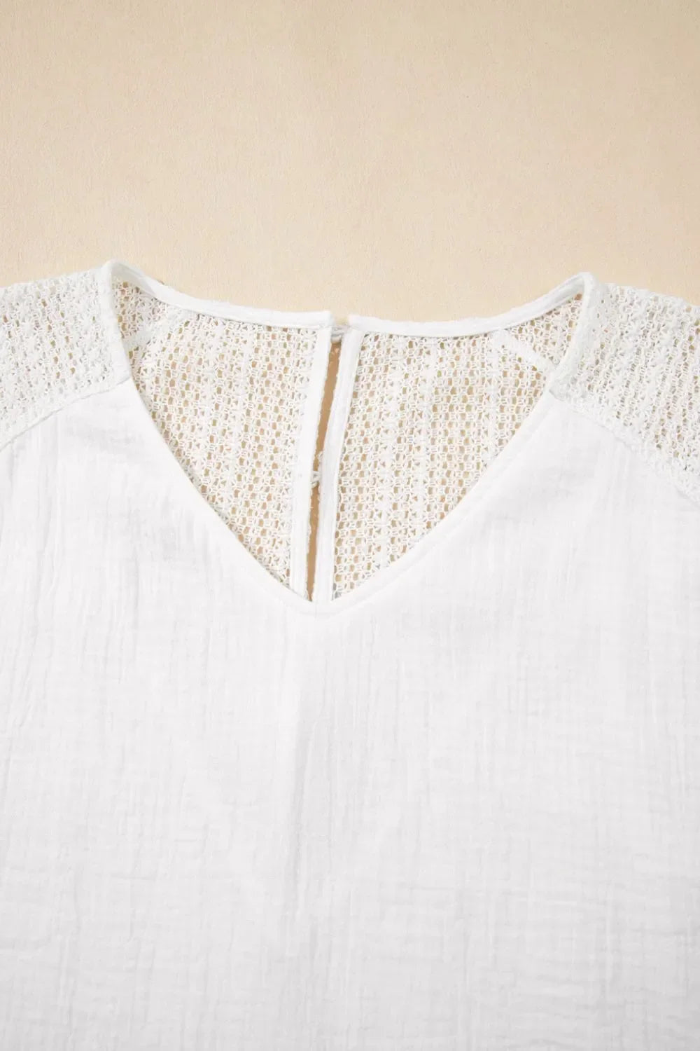 Lace Crochet Textured Button Back V Neck T Shirt - Southern Shores Clothing