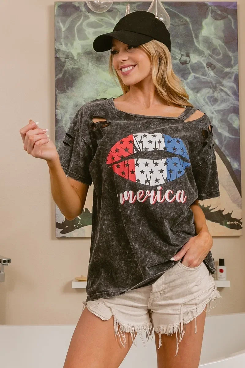 Laser Cut Lip Print Top Old Glory Mineral Washed - Southern Shores Clothing