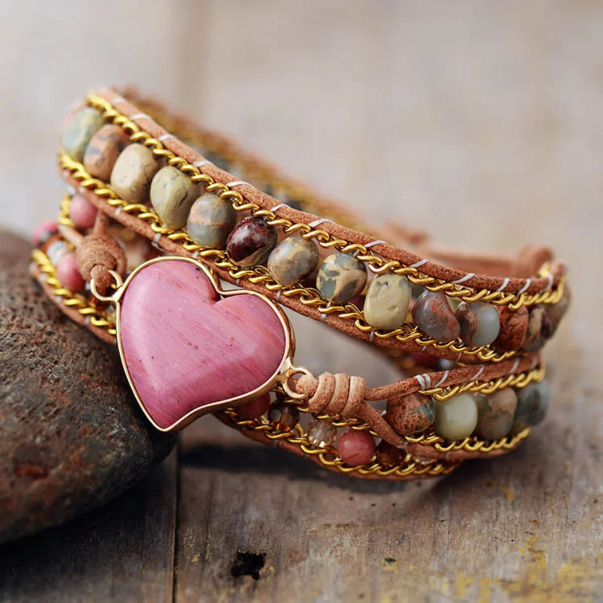 Natural Stone Crystal Bead Bracelet With Pink Heart Charm - Southern Shores Clothing