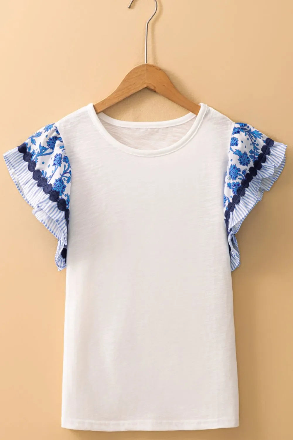 Round Neck Printed Ruffled Sheer Cap Sleeve Blouse Lightweight - Southern Shores Clothing