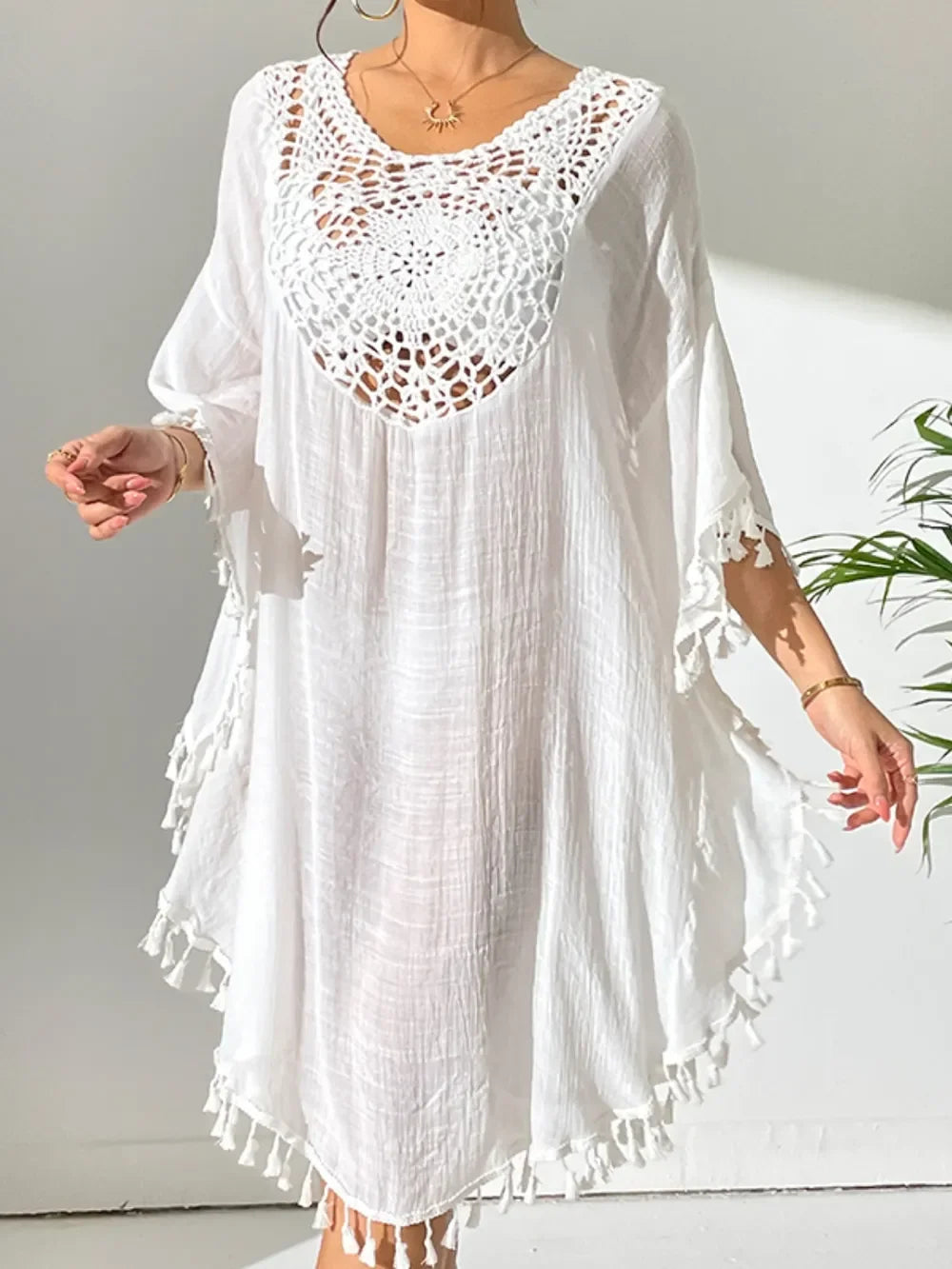 Tassel Cutout Scoop Neck Cover Up Dress One Size - Southern Shores Clothing